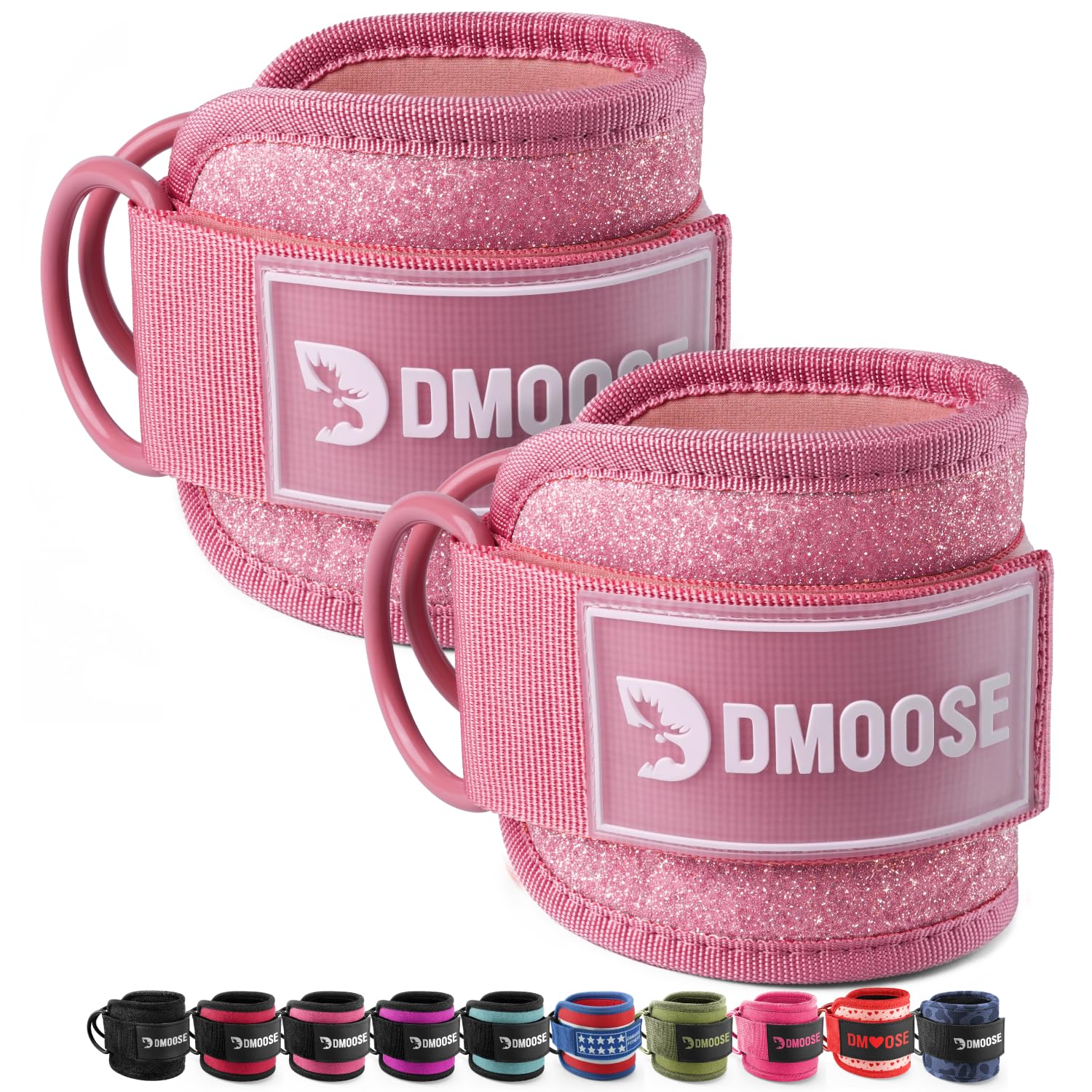 DMoose Ankle Strap for Cable Machine - One Size Fit with Premium Padding, Workout Kickback Ankle Cuffs, Ankle Bands for Working Out, Booty Workouts, Leg Extension, Hip Abductors & Lower Body Exercises Pink Glitter - Pair