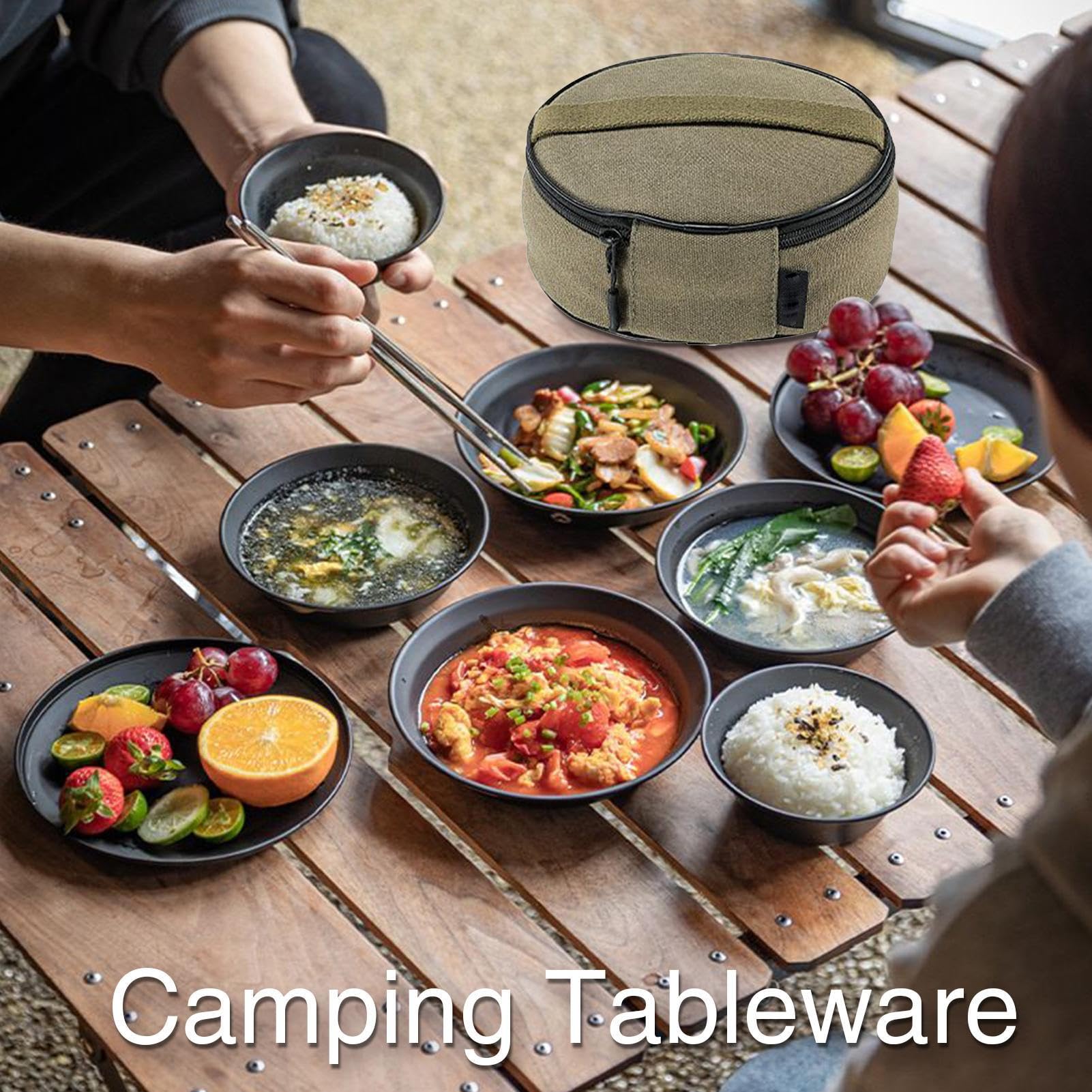 Geschirr-Set Für Camping Edelstahl Teller Outdoor Geschirr Für Camping | Besteck Mit Hitzebeständigem Canvas Aufbewahrungsbeutel Wiederverwendbar Für Picknick Wanderungen Outdoor-Essen