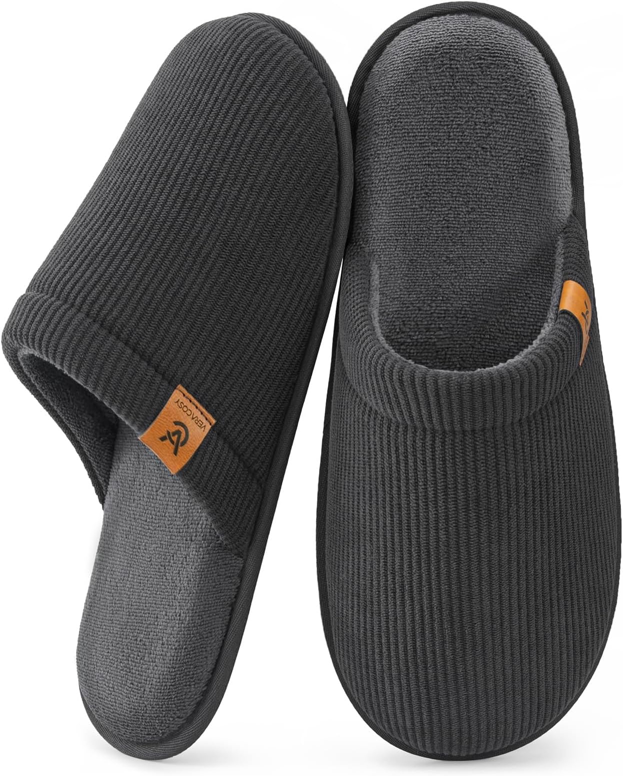 VeraCosyMen's Corduroy Scuff Slippers Soft Comfy Memory Foam Non-slip Indoor House Shoes