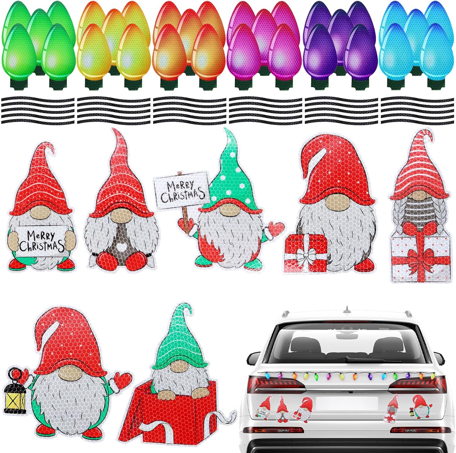 ZOCONE 67 Pcs Reflective Santa Light Bulb Car Magnets, Christmas Decorations for Car, Xmas Holiday Mailbox, Window, Garage, Refrigerator Decal