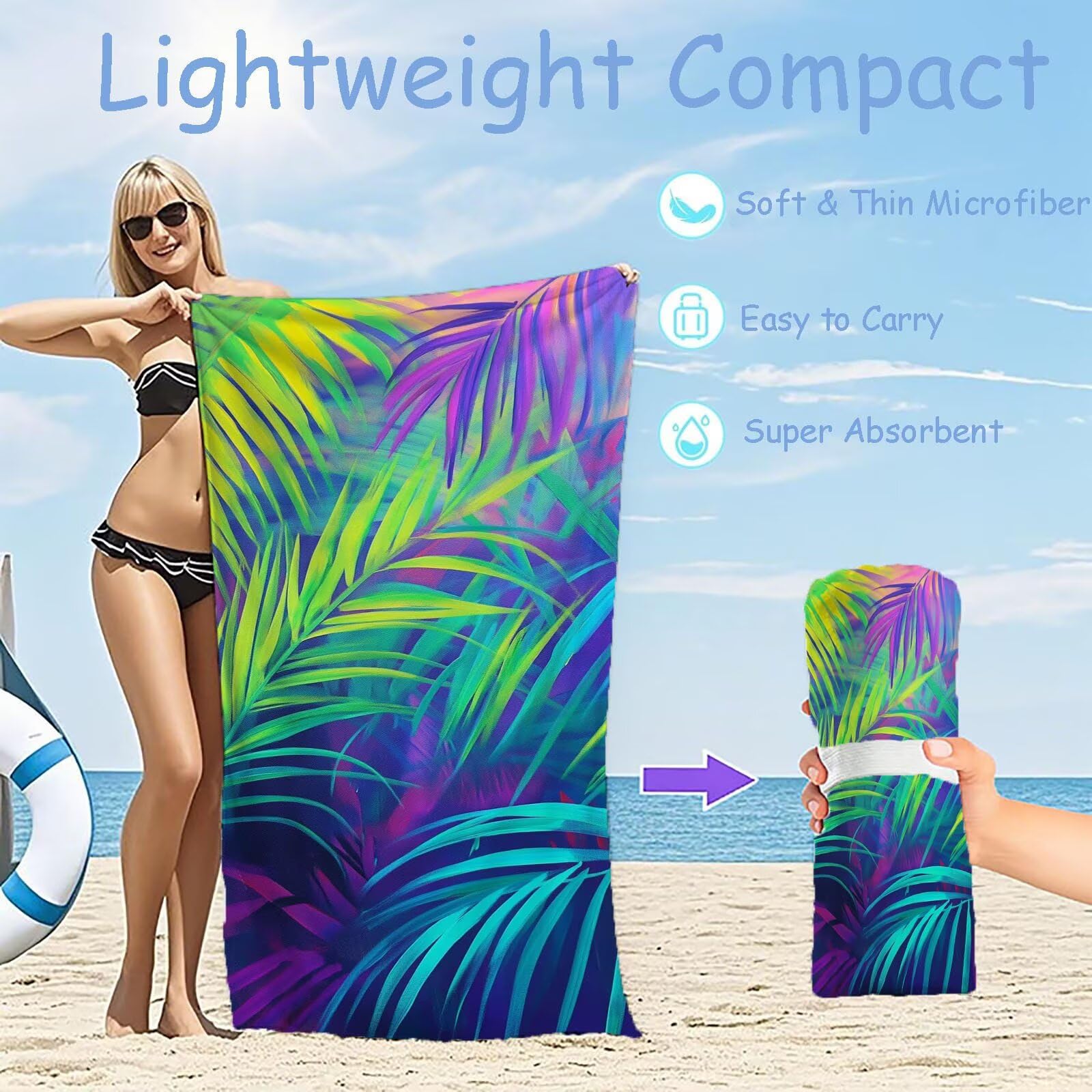 Ręczniki plażowe dla dorosłych, tropikalny ręcznik plażowy z mikrofibry, 100 x 200 cm, 2 szt., szybkoschnące, bez piasku, lekkie ręczniki kąpielowe z torbą do przechowywania, do uprawiania