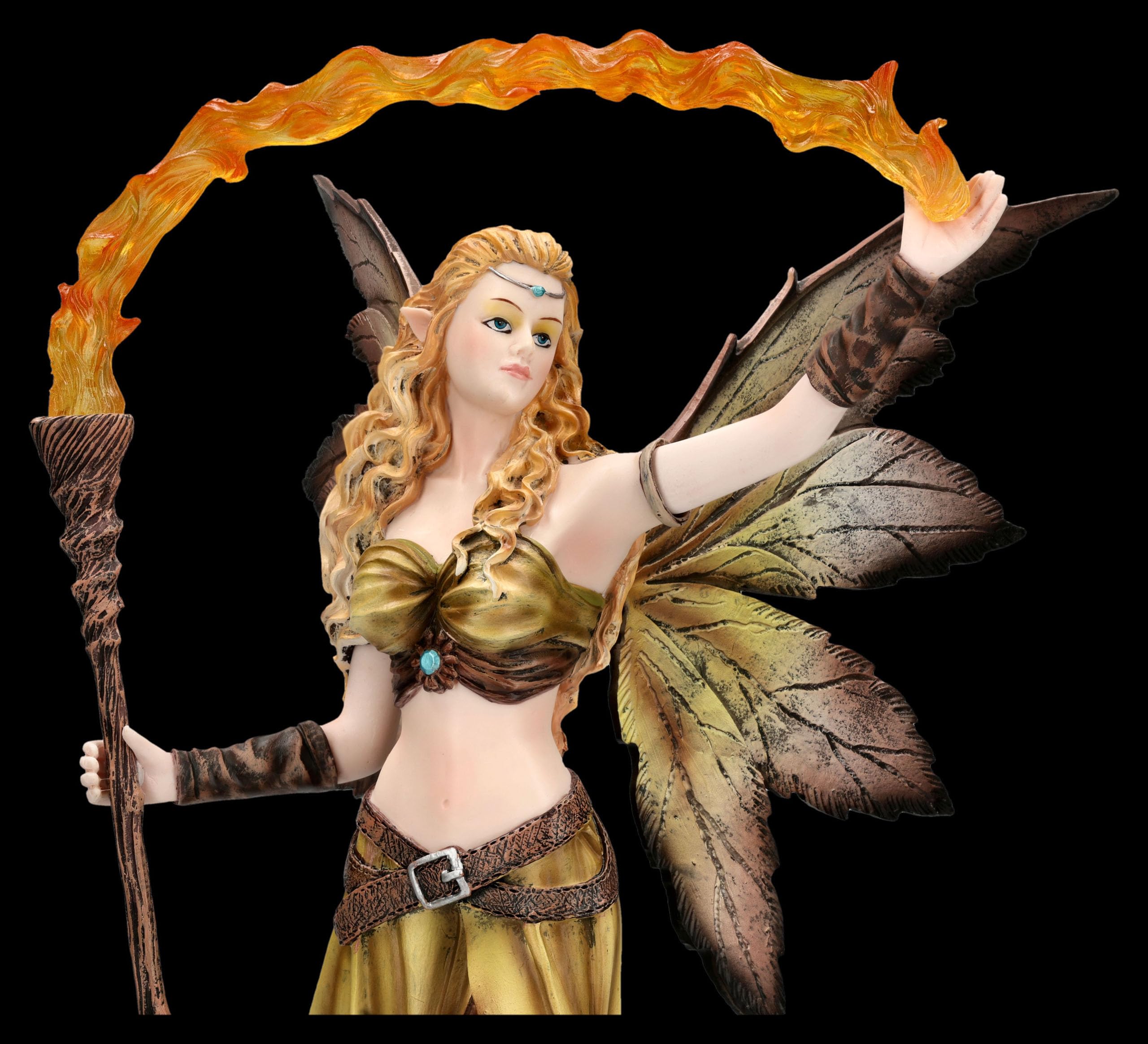 Figuren Shop GmbH Elfenfigur Waldelfe mit Feuerstab – handbemalte Fantasy-Deko (36,5 cm) – Tales of Aurelion Collection – Magische Geschenkidee für Jahreszeitenfreunde & Fantasy-Fans