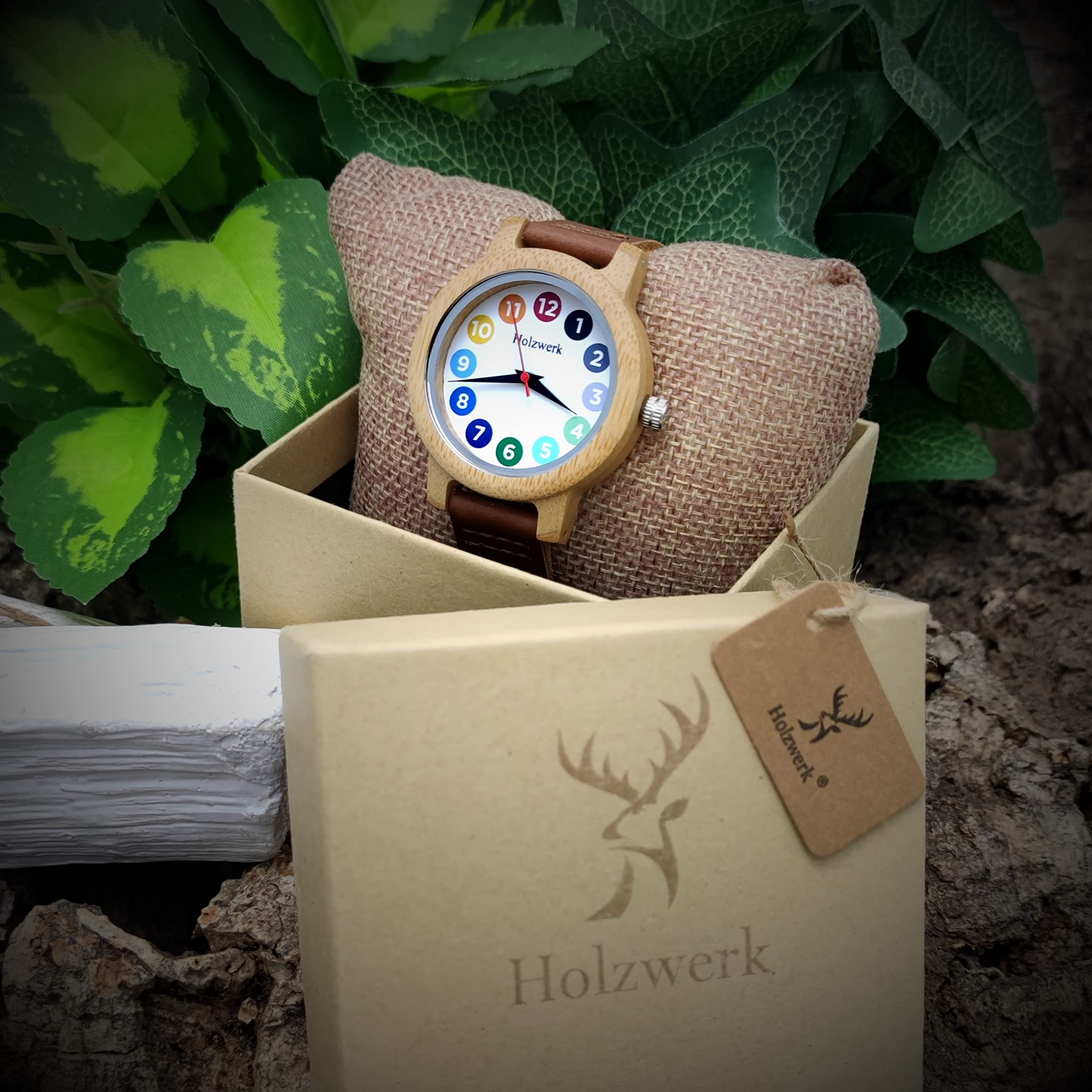 Holzwerk Germany® Mädchen-Uhr Kinder-Uhr Jungen-Uhr Öko Natur Holz-Uhr Lern-Uhr Leder Armband-Uhr Analog Klassisch Quarz-Uhr in Blau Schwarz Grün Rot Türkis Braun Weiß Bunt