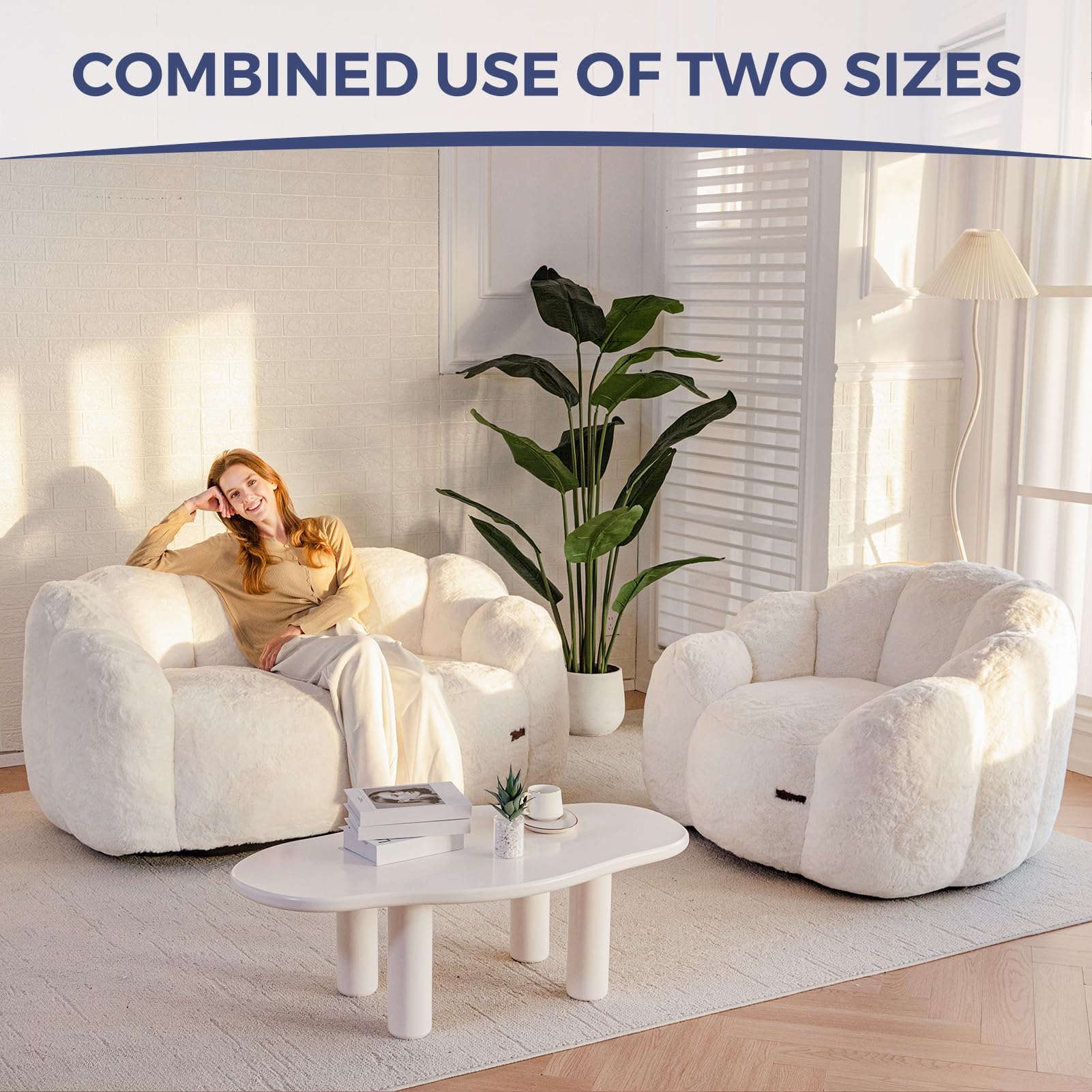 MAXYOYO Pouf Salon & Chambre, Floral Forme Bean Bag 2 Places avec Remplissage à Mémoire de Forme, Fausse Fourrure Douce, Taille Géante Fauteuil Pouf Poire | Pouf poire en forme de fleur avec rembourrage en fausse fourrure douce pour salon, chambre à couch