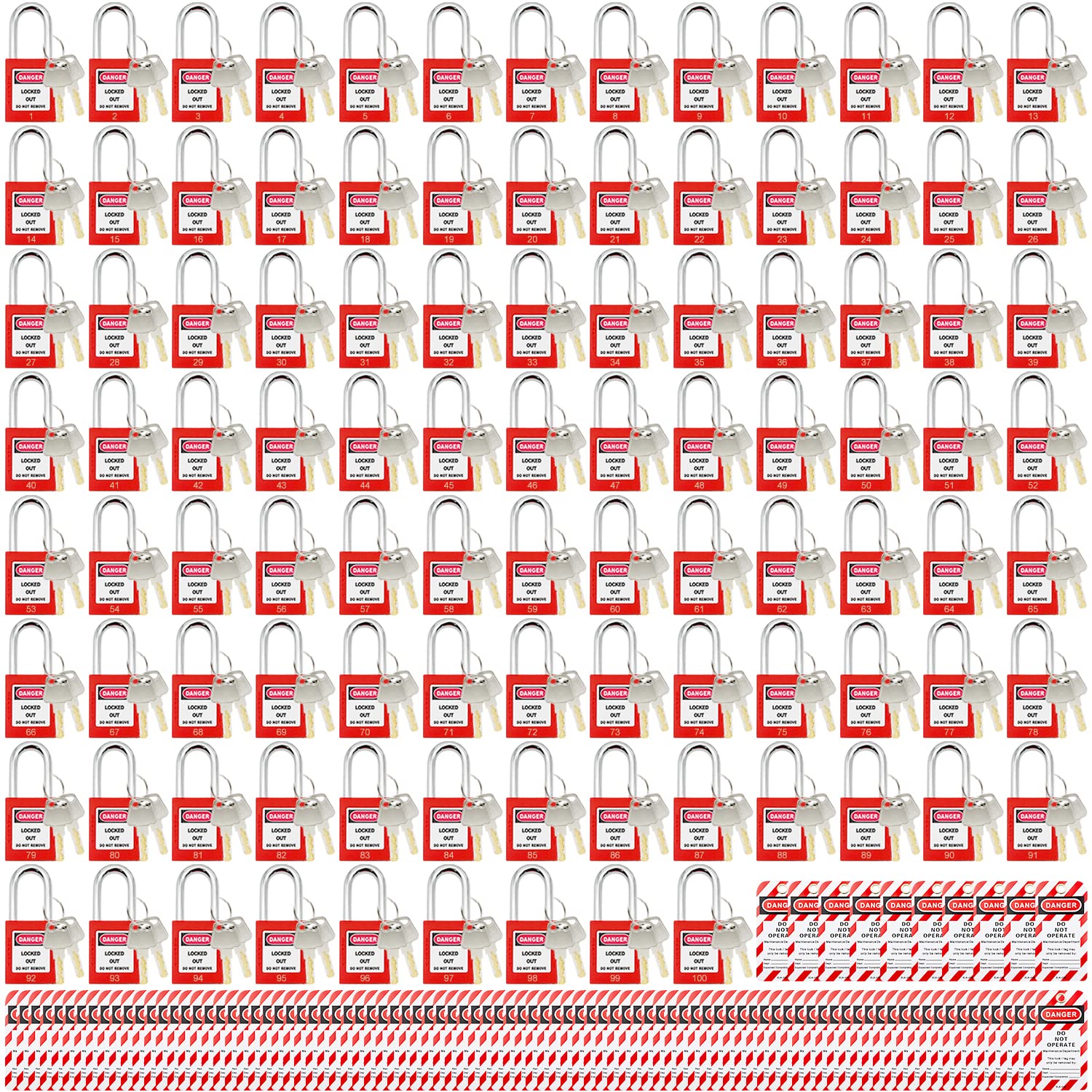 SAFBY 100 cerraduras de etiquetado de bloqueo diferentes con 100 etiquetas de bloqueo - Candados seguros de loto para bloquear estaciones y dispositivos de etiquetado