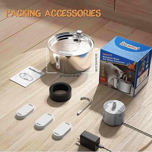 Miniatura 8 de Tomxcute Fuente de agua para gatos, fuente automática de acero inoxidable de 3.2 L108 onzas, la ventana de niveles de agua se puede verificar,