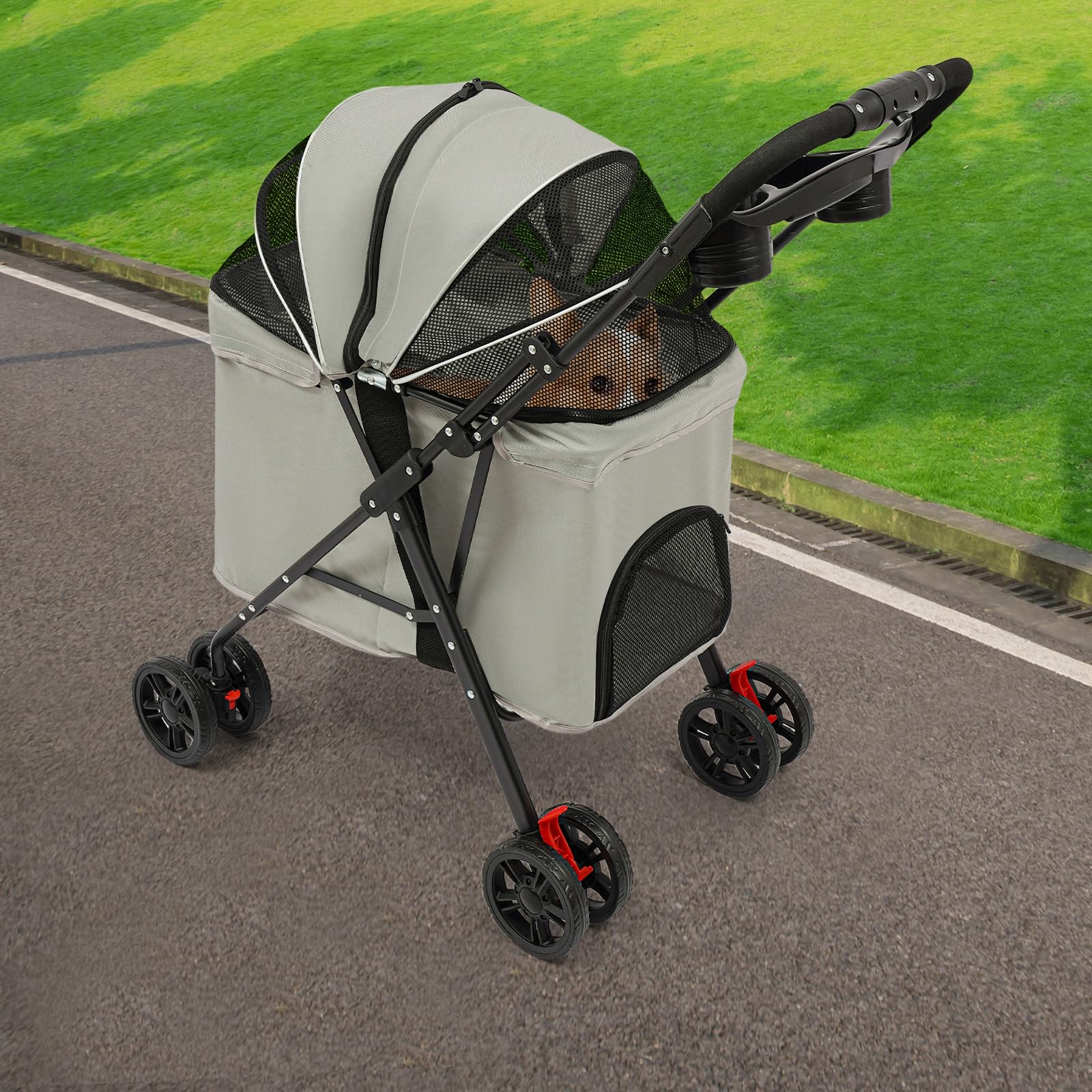 Passeggino pieghevole per animali domestici fino a 12,5 kg, 62 x 50 x 98 cm, cabina da 70 cm con tettuccio parasole, ruote anteriori a 360°, freni, finestra a rete e portabevande, per cani e gatti