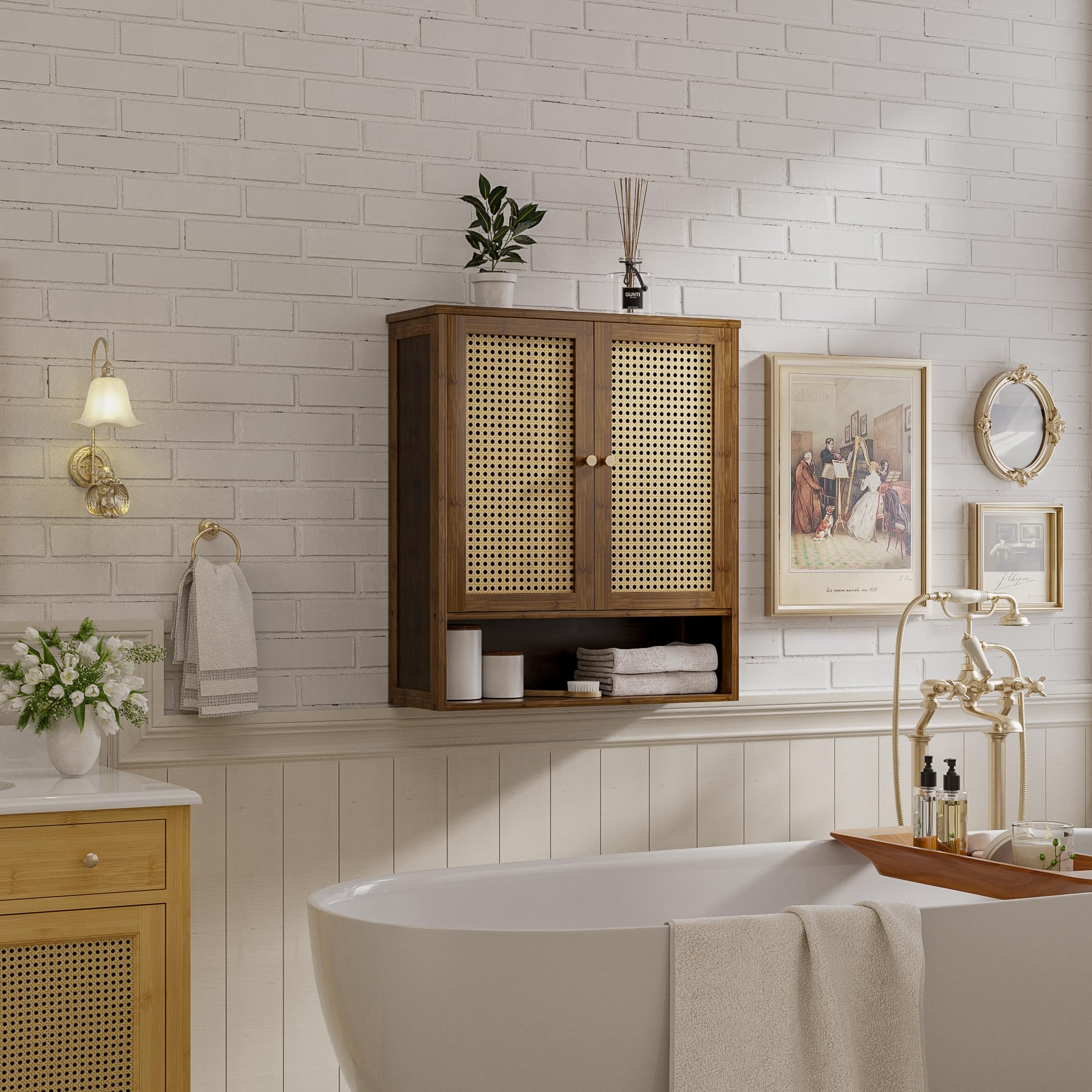Armoire Murale de Salle de Bain en Bambou avec 2 Portes en rotin et étagère réglable, Armoire à Pharmacie économiseur d'espace pour Linge, Cuisine, Salon (Noyer)