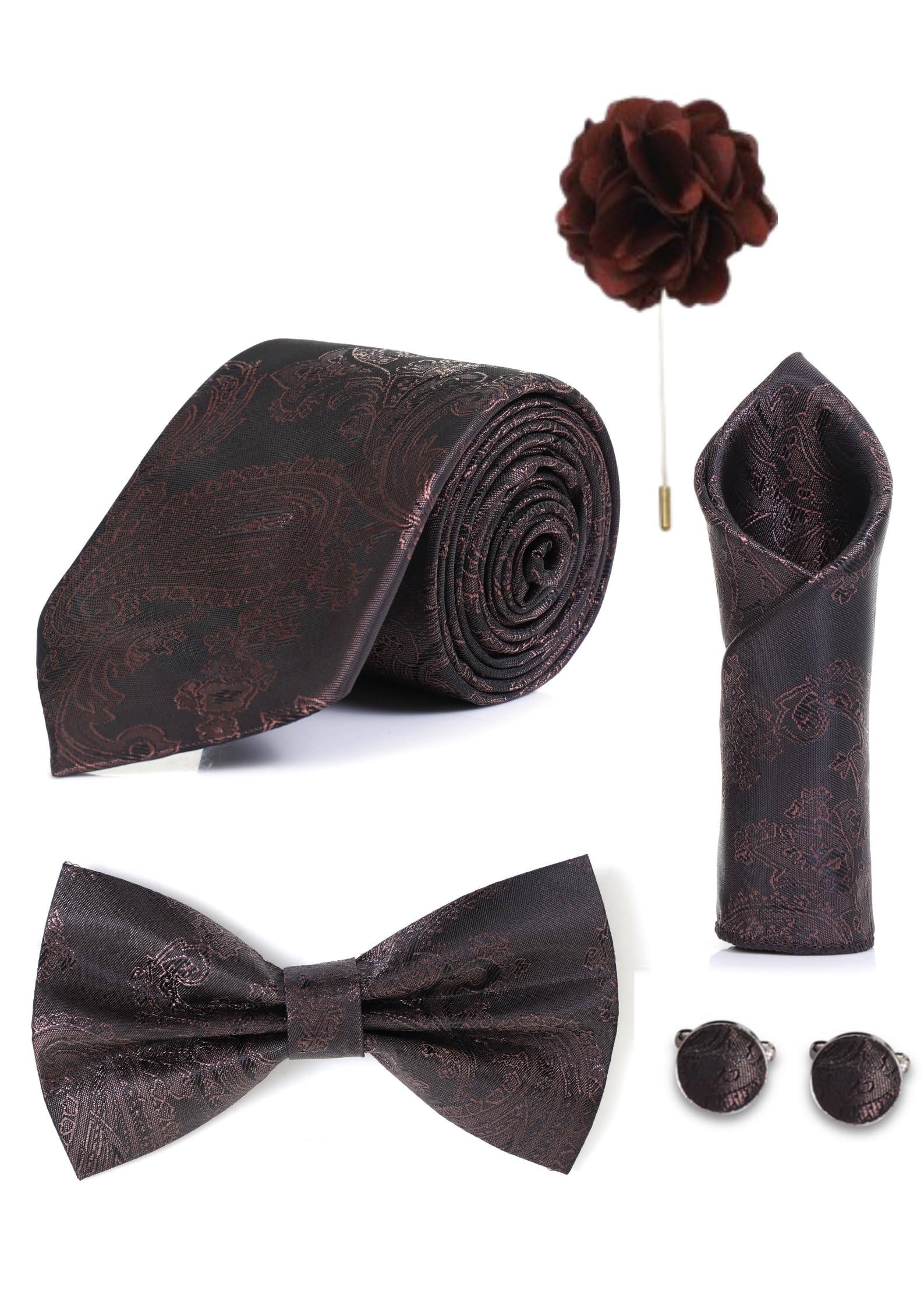 Random Stripe Necktie Set With Bow Tie Pocket Square Lapel Flowar & Lapel Brooch & Cufflink Pair & TiePin (Three Type Combo Box)-picture-25