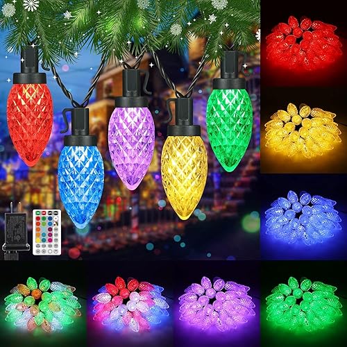 Miniatura 1 de Toodour Luces de Navidad C9 RGB, 33 pies, 50 luces LED que cambian de color con control remoto, luces facetadas de árbol de Navidad de fresa para
