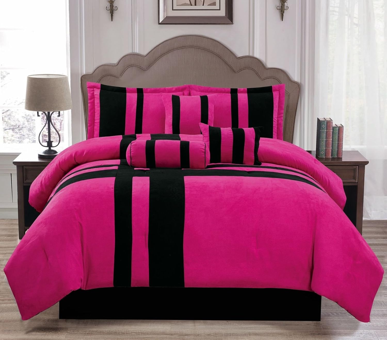 Empire Furniture USA Anissa Collection Luxurious 11-Piece Micro Suede Soft Comforter Set & Bed Sheets Limited-Time Sale!! (Pink & Black Stripe, Full)
