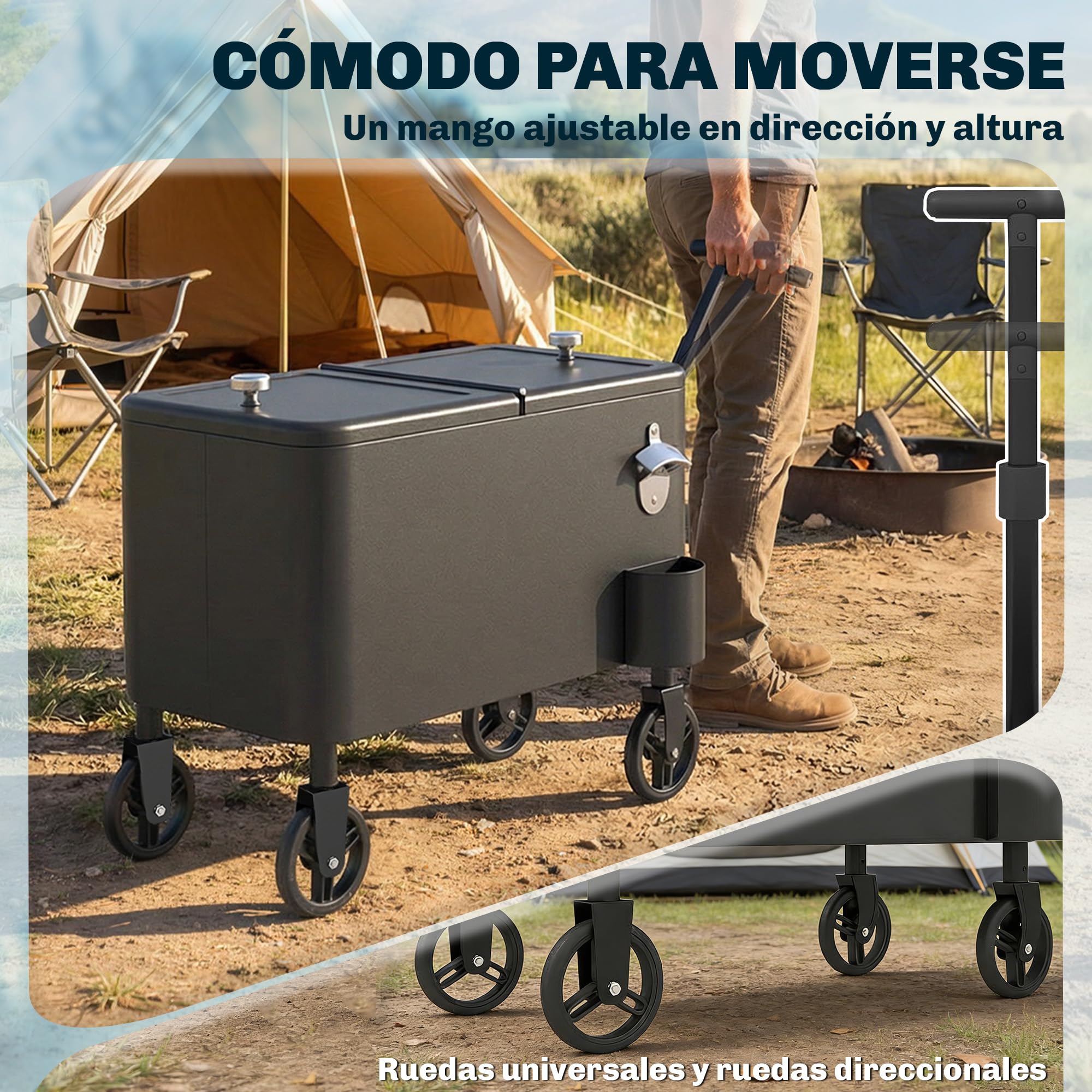Outsunny Carrito Nevera de 56L con Ruedas, Carro de Bebidas con Mango Ajustable, Abrebotellas, Recogetapas, Drenaje y Asa, Mesa Nevera Jardín Exterior para Patio, Fiesta, BBQ, 75x35x120 cm, Negro