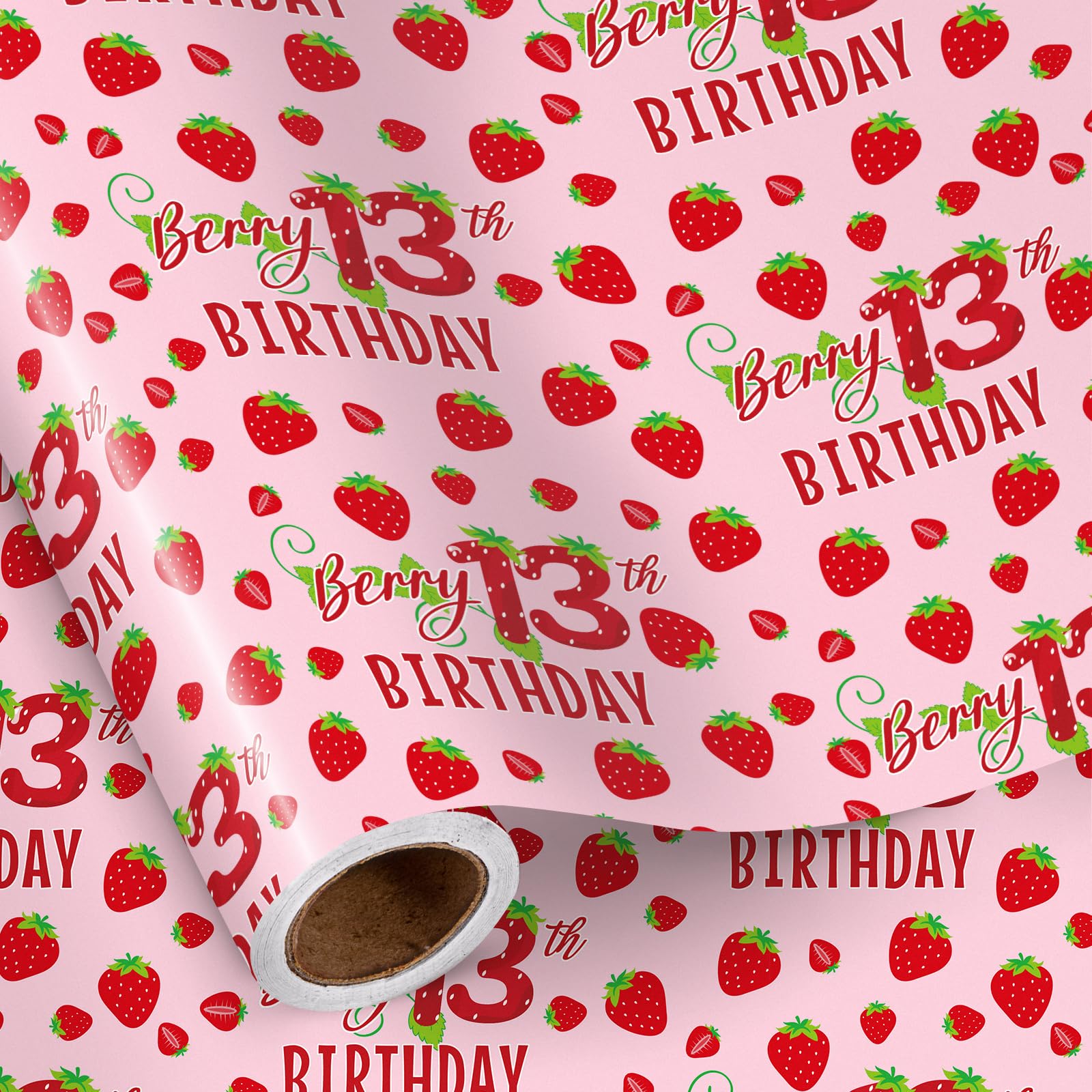 RUSPEPA 13th Birthday Wrapping Paper Mini Roll, Pink Strawberry Berry Design, Sweet Gift Wrap & Party Decor for Teen Girls, 43.2cm x 5m