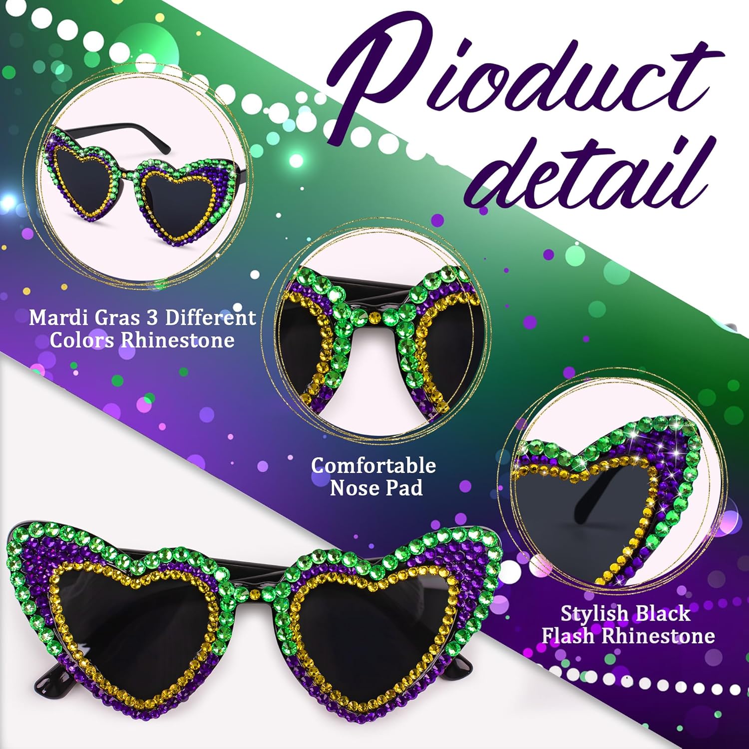 Mardi Gras Glasses - Heart Shape Mardi Gras Sunglasses with Rhinestone for Women Outfit for Carnival Accessories - Image 7
