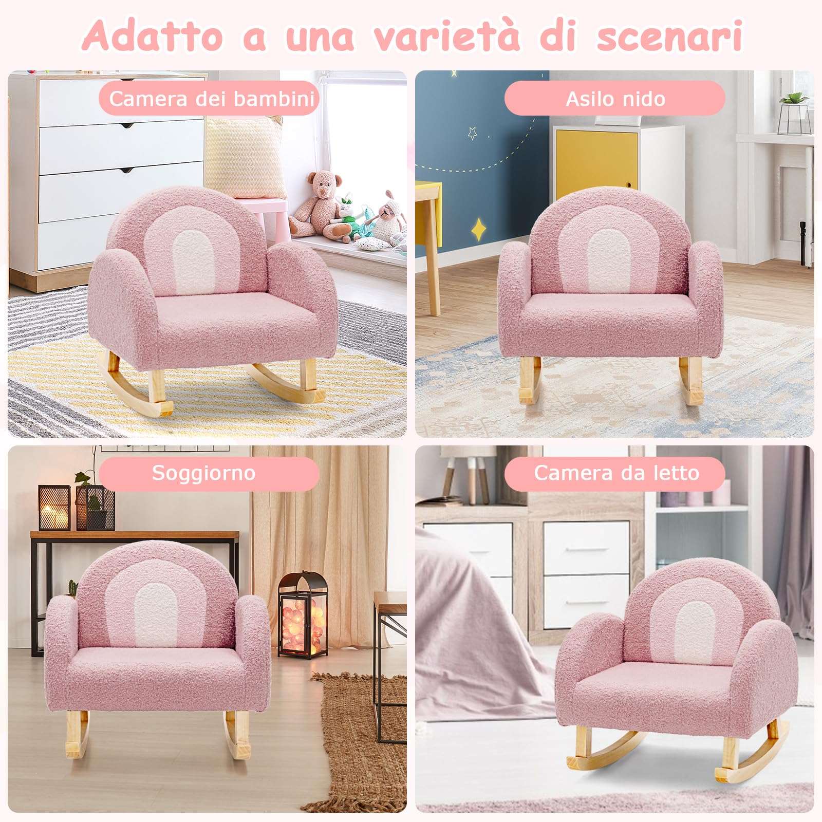 COSTWAY Sedia a Dondolo per Bambini con Gambe in Legno Massiccio, Poltrona a Dondolo per Bambini con Cuscinetti Antiscivolo, per Stanza dei Giochi, Camera da Letto, Scuola Materna (rosa)