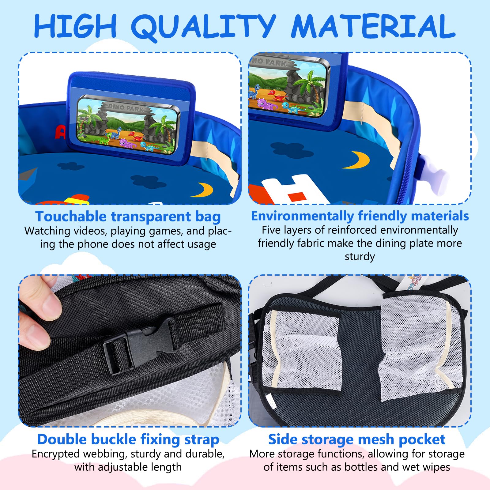 PRTIOK Tavolo da viaggio per bambini con tasche a rete: tavolino da viaggio per bambini, per giochi e tavolo da pranzo, tavolo da gioco, per passeggini, passeggini, auto, treno, blu