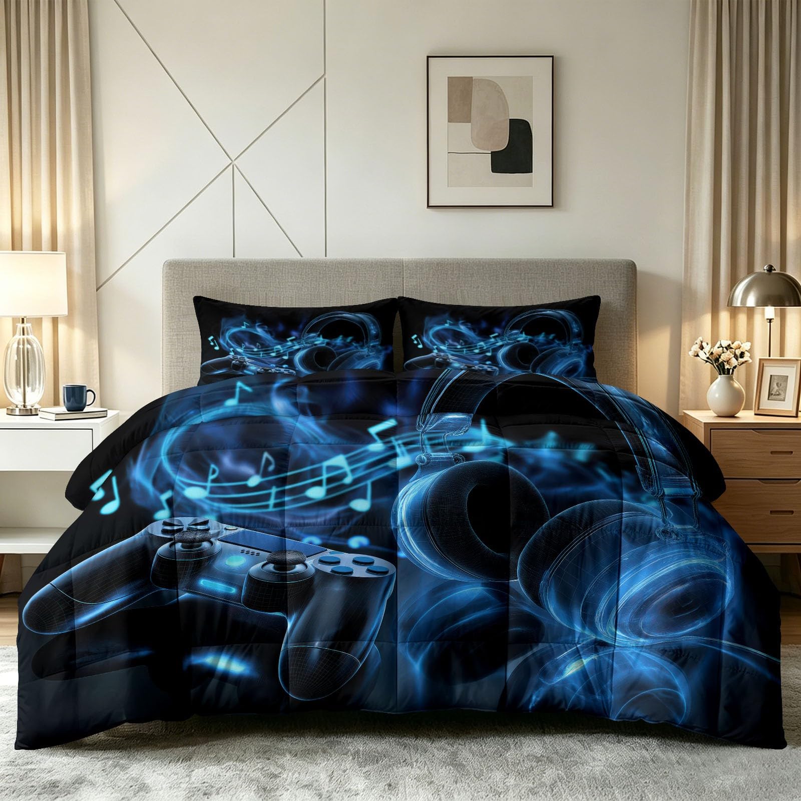 Couette 4 saisons réversible 230x220 style e-sport et musique sans housse