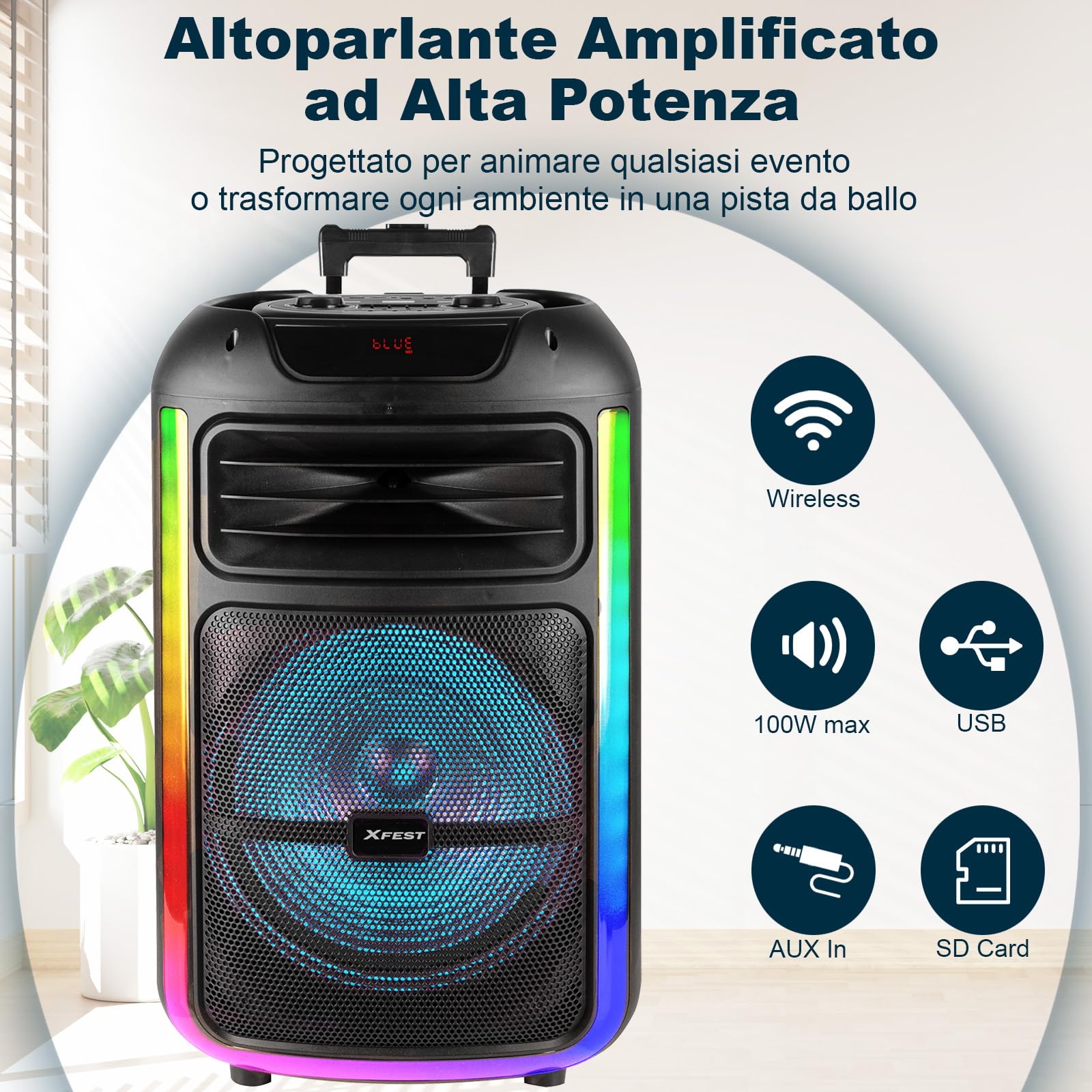 Trevi XFest XF 1400 KB Speaker Wireless 100W, Altoparlante Portatile con Microfono Con Cavo Incluso, Ingressi USB, Micro SD, AUX-IN e Guitar, Funzione TWS, Batteria Ricaricabile Integrata