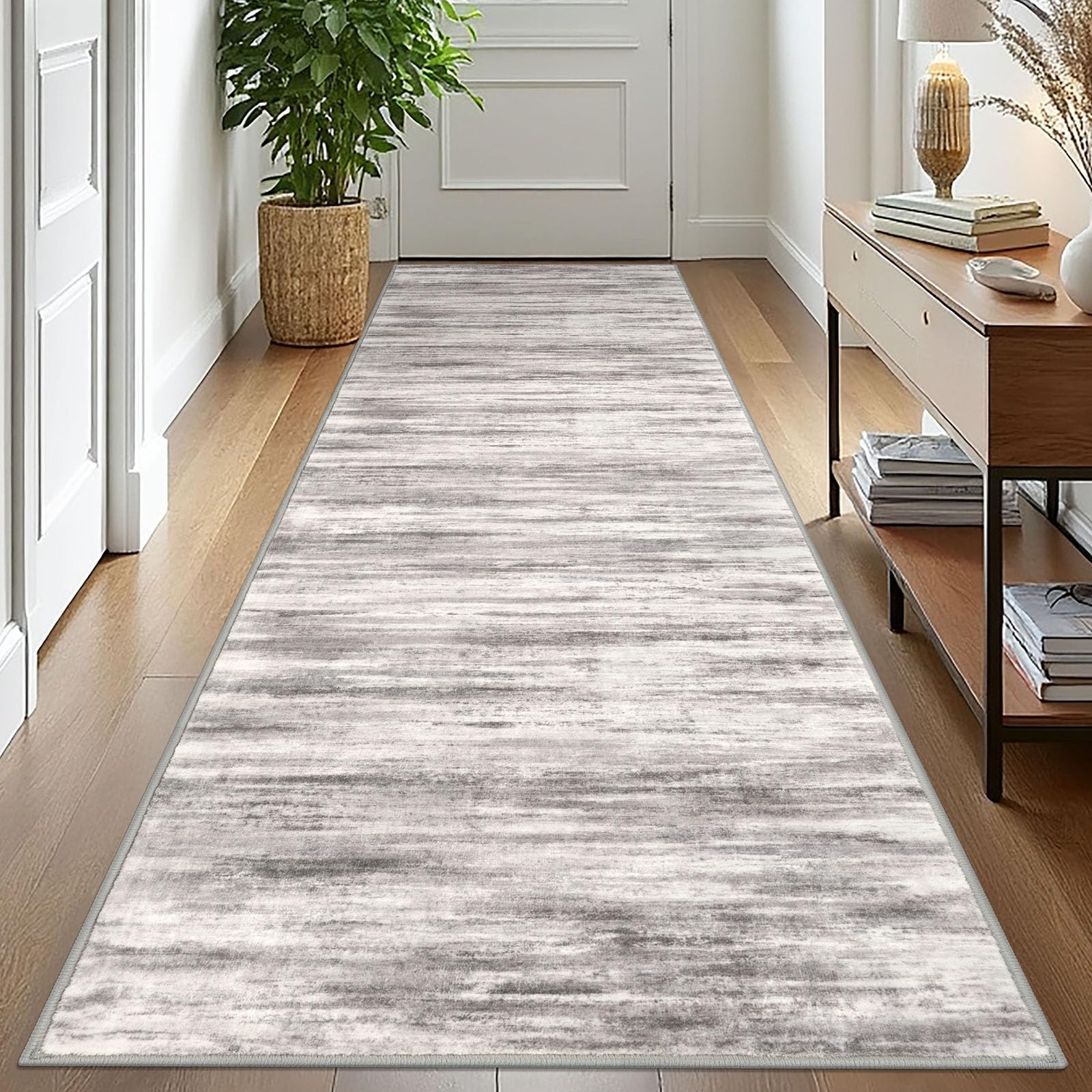 KOZYFLY 3x10 Ft Rug Modern Ombre Runner Rug for Hallway, Washable Kitchen Rugs Non-Slip Soft Striped Entryway Rug, Print Grey-Beige Abstract Carpet for Laundry Nursery — image 1