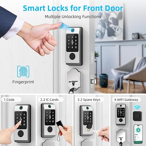 Miniatura 5 de Juego de cerradura de puerta delantera WiFi, cerradura de puerta de entrada sin llave con teclado de asa, cerradura inteligente de huellas