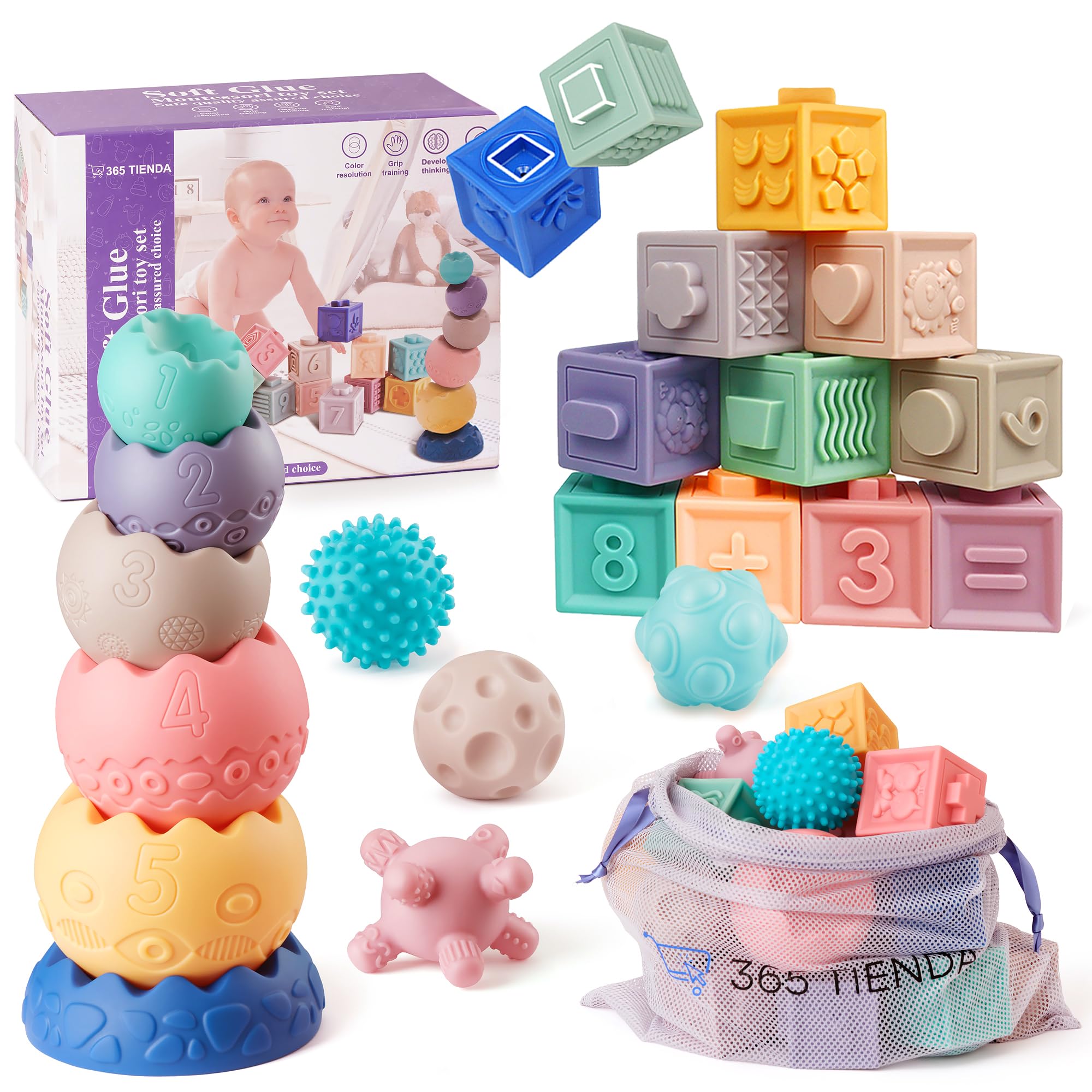 Juguete Montessori 1 Año – Set de 22 Piezas Sensoriales de Silicona Suave para Apilar y Encajar - Educativo y Seguro - Regalo Ideal para Bebés Montessori 6 a 12 Meses