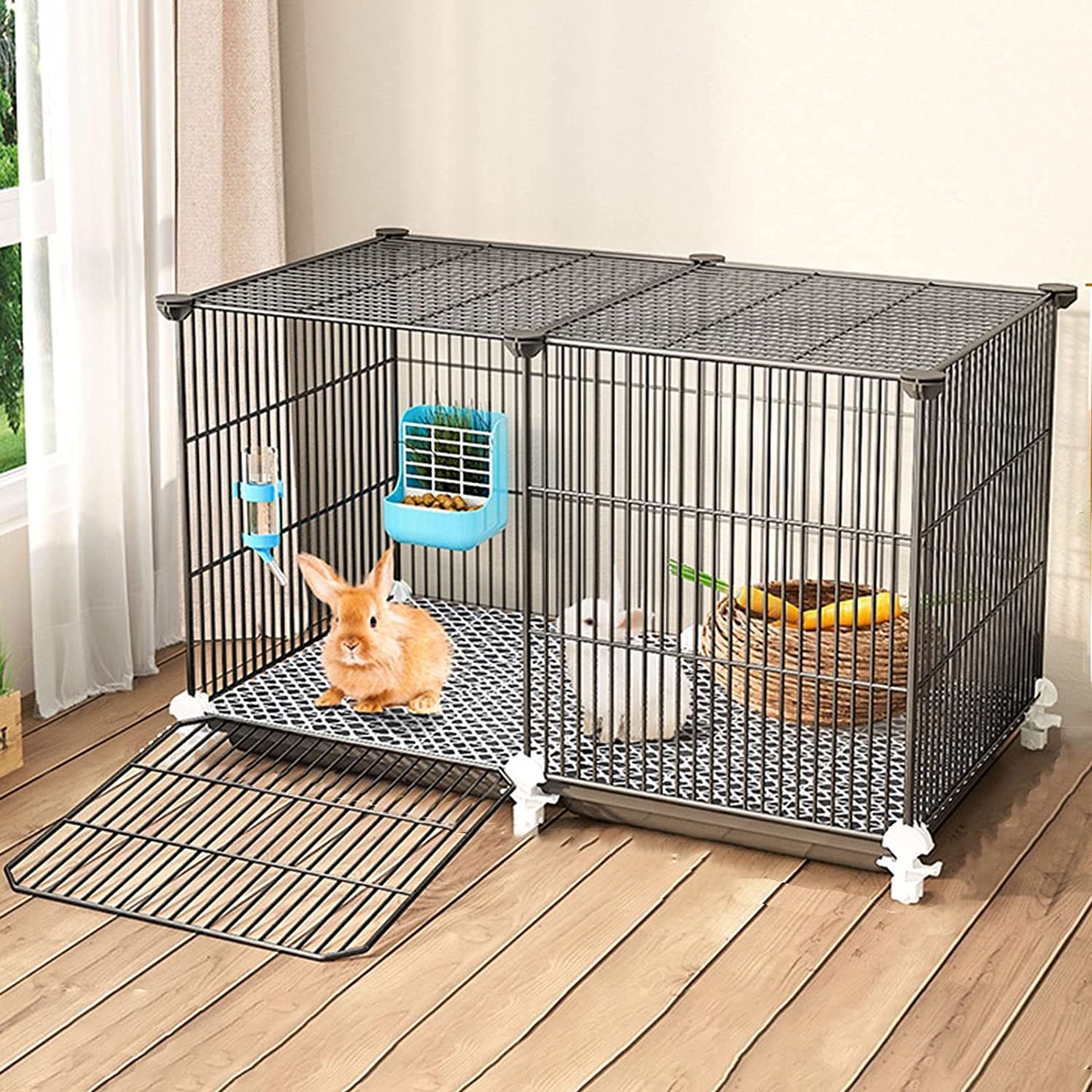 Gabbia per Conigli Pieghevole con Vassoio Estraibile e Piattaforma con Rotelle, Rete Metallica Villa, per Conigli, Criceti, Porcellini d'India o Ricci, 75*39*40CM, Nero