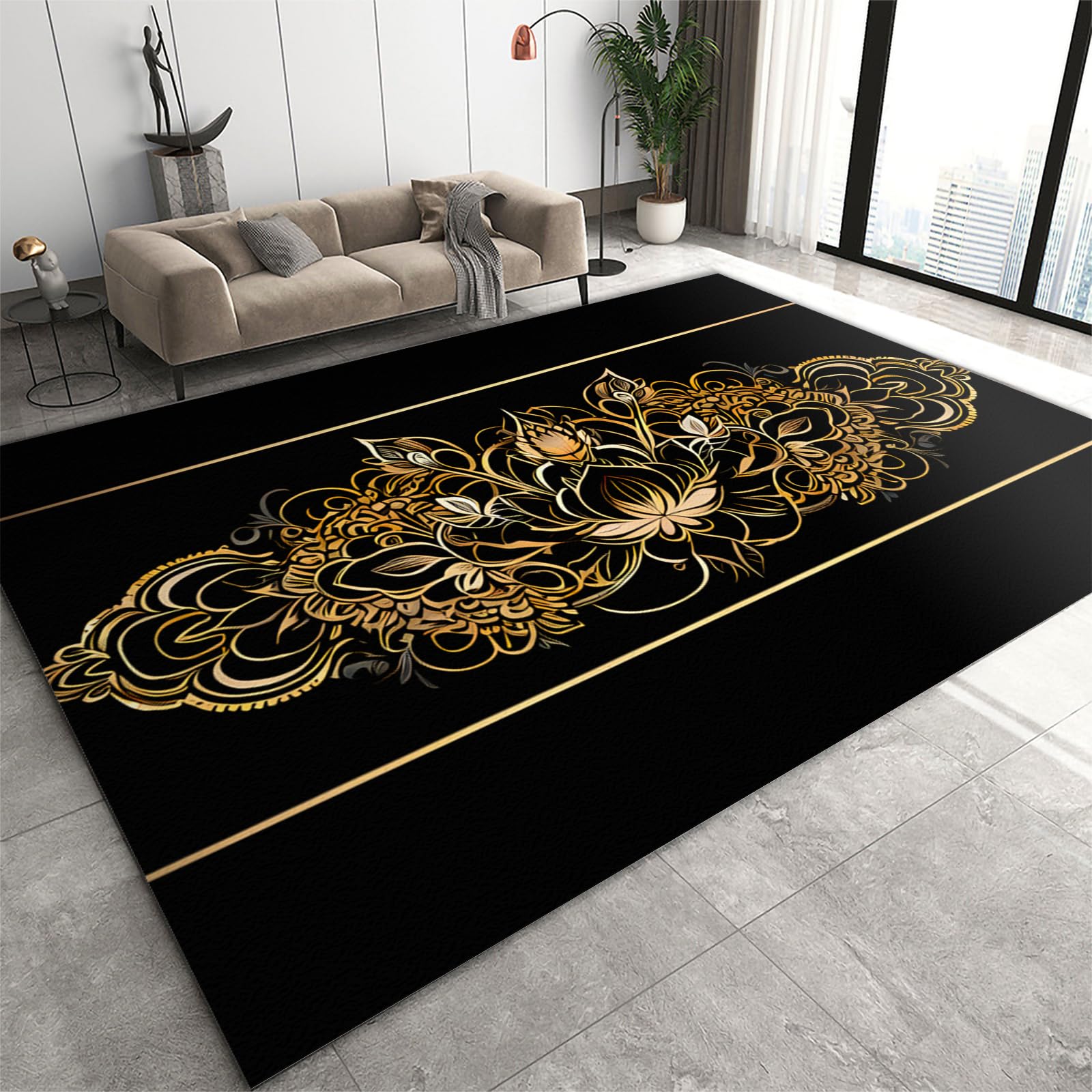 Vintage Luxury Gradient Floral Area Rugs, Modern Black Rug, Low-Pile Floor Carpet Easy Care Machine Washable for Bedroom Living Room Dining Room Entryway Laundry Room Playroom Apartment-160 x 230 cm