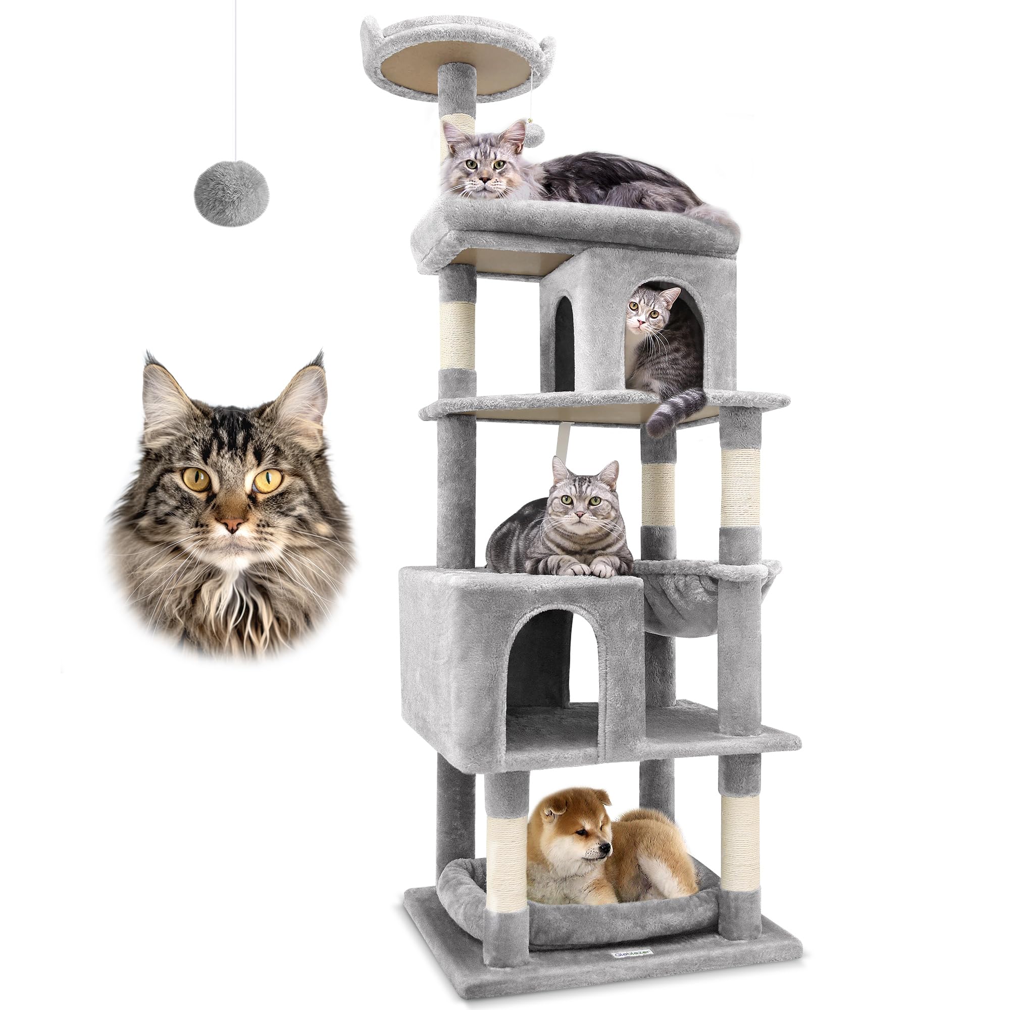 Globlazer Tiragraffi per Gatti Grandi, Castello per Gatto Alto 183 cm con Grotte Piattaforma Cesto, Albero Gatti Stabile per Adulti Maine Coon Ragdoll Riposare Giocare Interno (S72, Grigio Chiaro)