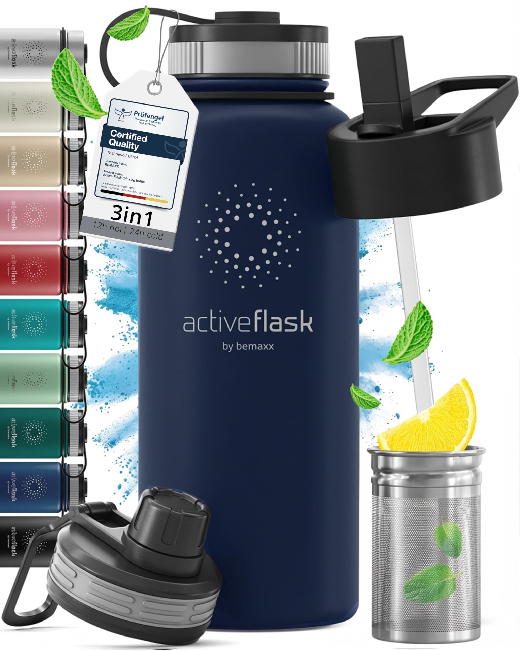 Trinkflasche Edelstahl ACTIVE FLASK + Strohhalm (3 Deckel) BPA-frei, Auslaufsicher, Kohlensäure geeignet - Wasserflasche Fahrrad Thermosflasche Isoliert Isolierflasche Sport Wasser Flasche Kinder Tee