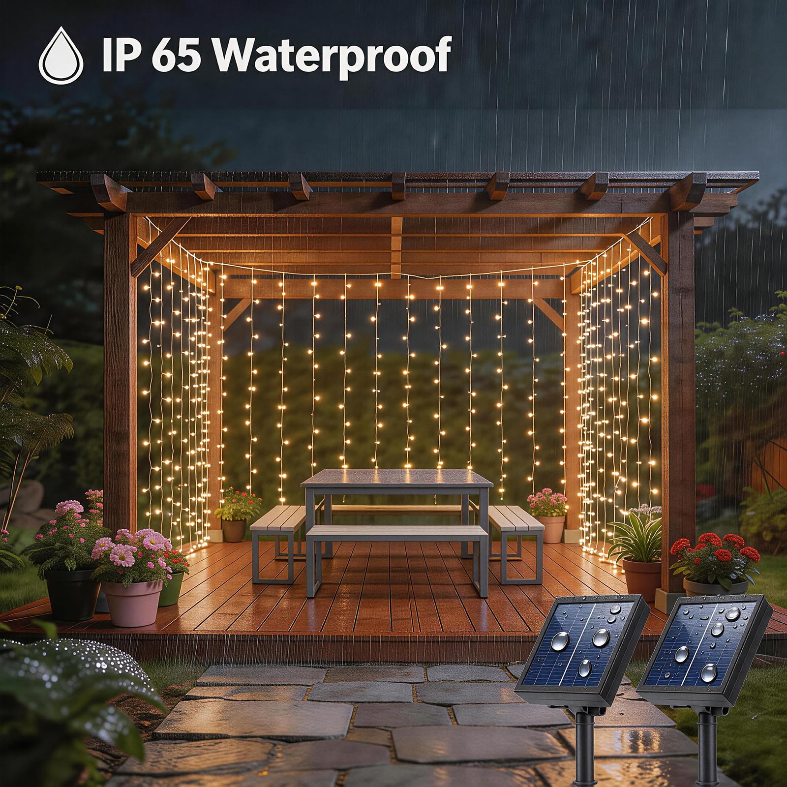Solar-Vorhang-Lichterkette für den Außenbereich, 6 x 3 m, insgesamt 480 LEDs, solarbetrieben, wasserdicht, für Garten, Party, Hochzeit, Dekoration, 2 Stück