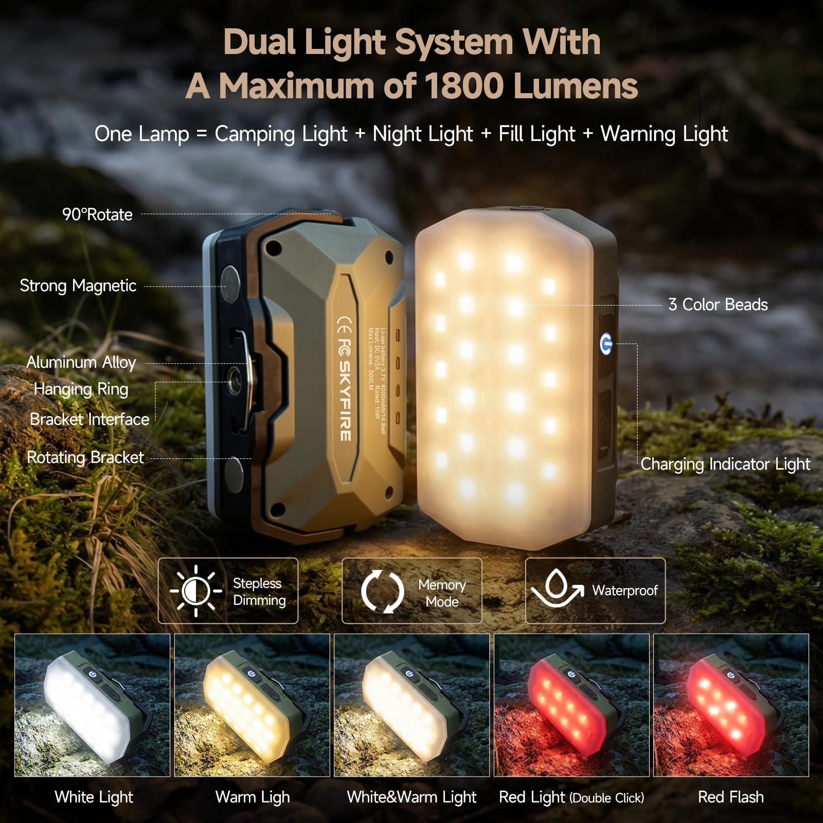 Skyfire Luce da campeggio magnetica con mini torcia portachiavi, 3 colori 4000 lanterna da campeggio ricaricabile, lanterna da campeggio con gancio, luci dimmerabili per campeggio, luce rossa, luce da