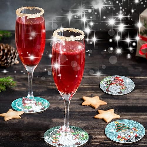 Vista 21 de XEFINAL Posavasos de pintura artística de diamantes vintage de Navidad, posavasos con soporte, kits de pintura de diamantes de Navidad para adultos