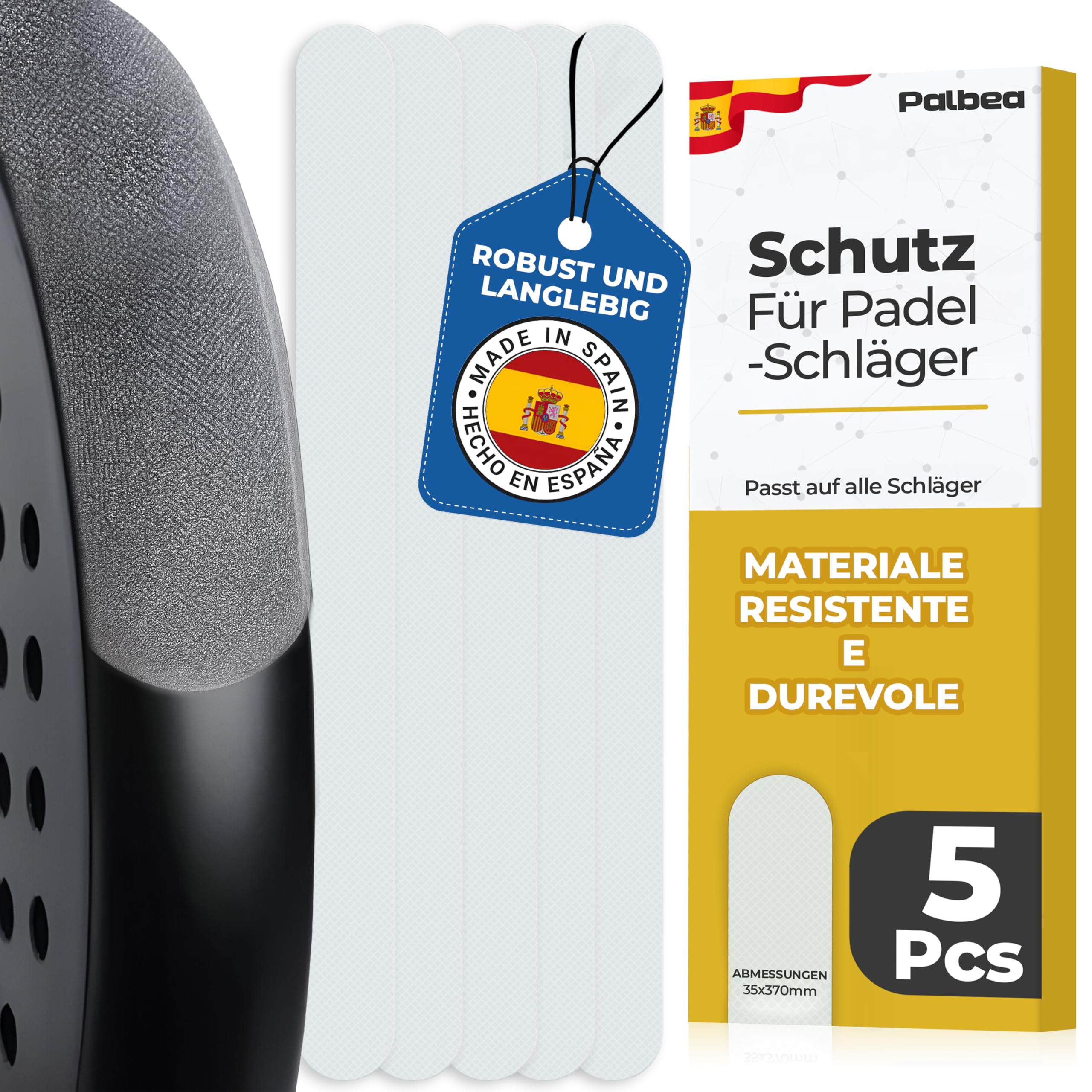 Palbea Padel Schläger Schutz im 5er-Pack - Grober & Leichter Padel Racket Rahmenschutz - Transparenter Schläger Tape - Langlebig & leicht austauschbar. Padel Tennis Schläger Maße 35 x 370 mm