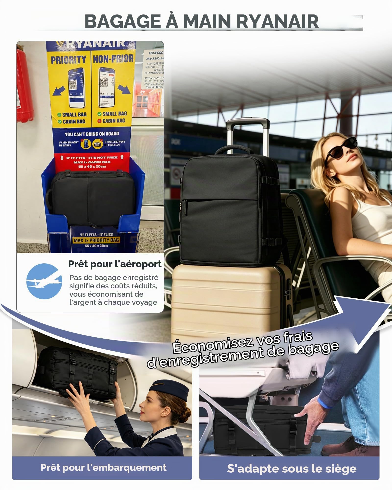 SZSYCN Sac à Dos Ryanair 40x30x20 Compression Sous Vide avec Pompe Bagage Cabine Ryanair Sous Vide Bagage à Main 40x30x20 Wizzair Easyjet Sac à Dos Loisir pour Ordinateur Portable de 16 Pouces