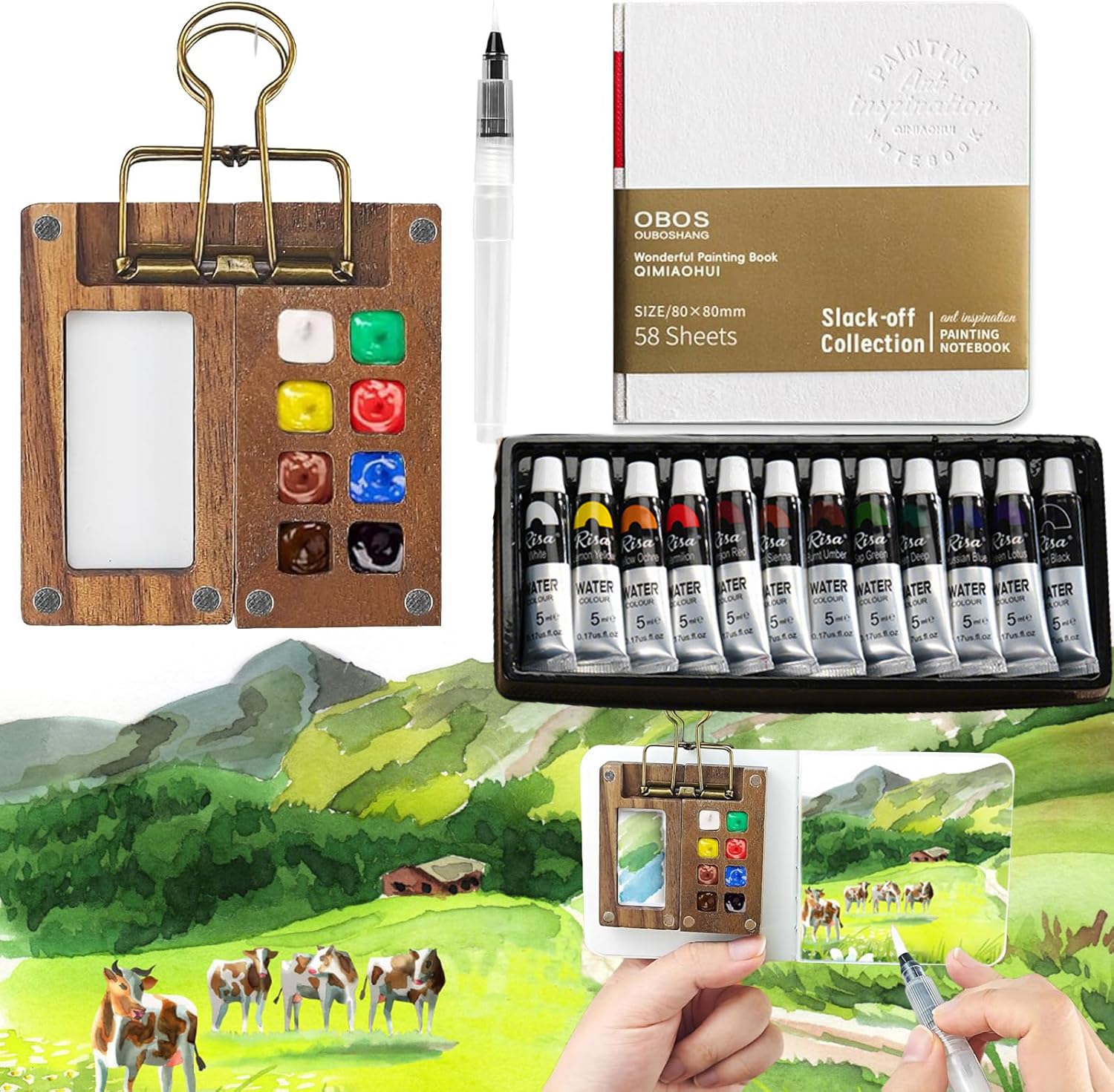 Nimblustoy Wood Travel Painting Set, Portable Watercolor Palette Mini Watercolour Paintwith Metal Clip, 12 Colors Mini Paint With 8 Grids En Palette,Sketchbook Brush Watercolour For Artists And Student