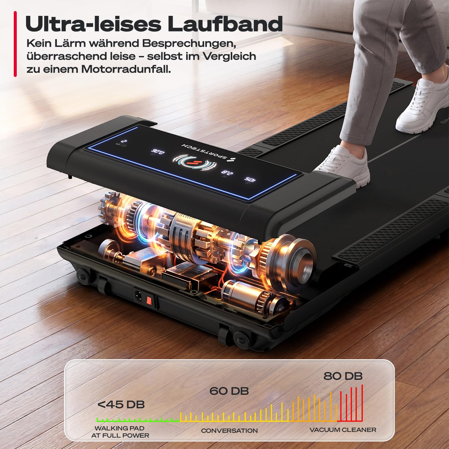 Sportstech Walking Pad sWalk Fold, Laufband für Zuhause Klappbar mit LED-Beleuchtung, App-Steuerung, bis 6 km/h, kompakt mit Transportrollen, leises Treadmill, Home Office & Schreibtisch, bis 150 kg