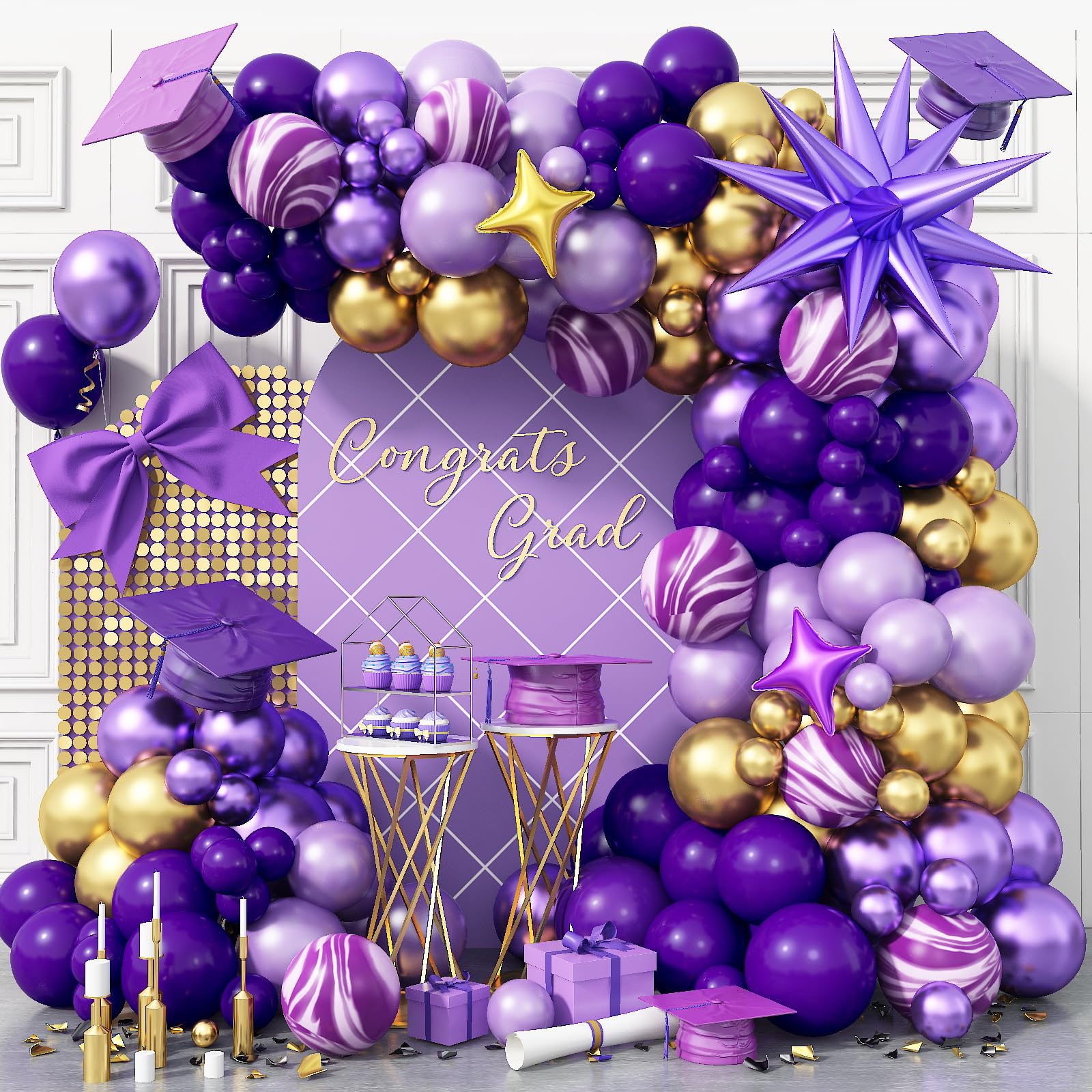 Purple and Gold Balloon Arch Kit Graduation Decorations 2026, 110Pcs Purple Balloon Garland with Explosion Foil Star Metallic Dark Violet Lavender
