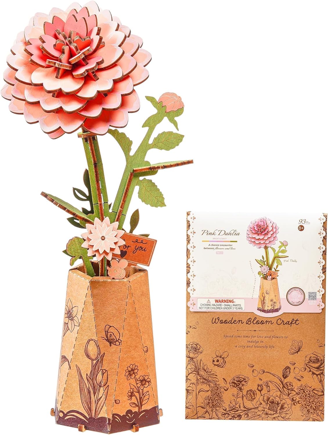 3D Flower Wooden Puzzles for Adults-Pink Dahlia, Mothers Day DIY Wooden Flowers Model Kit Building Set Crafts Gifts, Artificial Botanical Collection Creative Gift Ideas/Housewarming(93PCS)