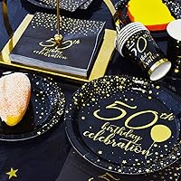 Vista 6 de Gatherfun 50th Birthday Napkin Disposable Paper Napkins Black and Gold Party Decorations Tableware for Men Woman 50 Birthday Party（6.5X6.5in, 3-Ply
