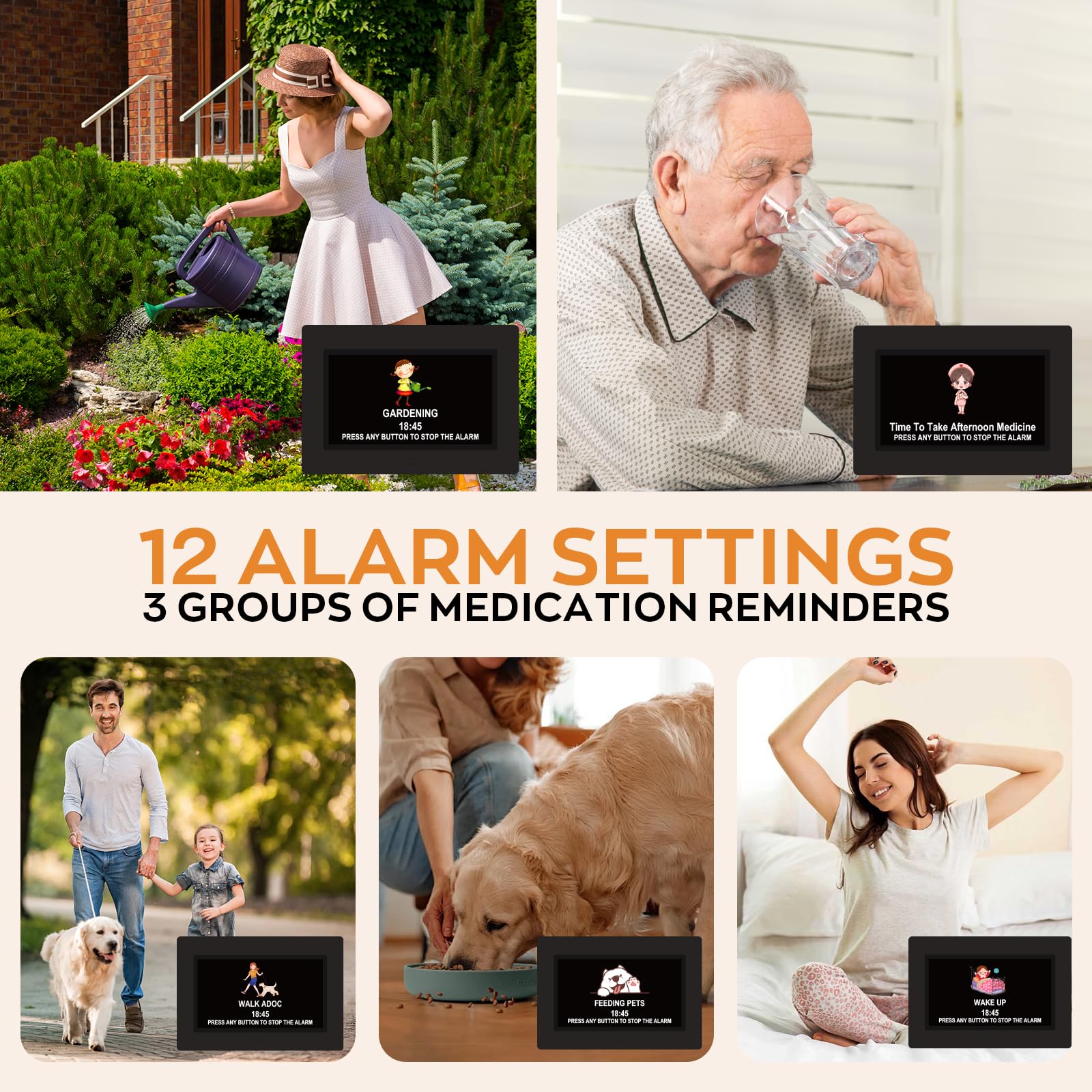 Reloj despertador digital de 7 pulgadas con visualización grande | 8 alarmas personalizadas y recordatorios de medicamentos | Reloj de demencia de computadora/pared para ancianos con fácil