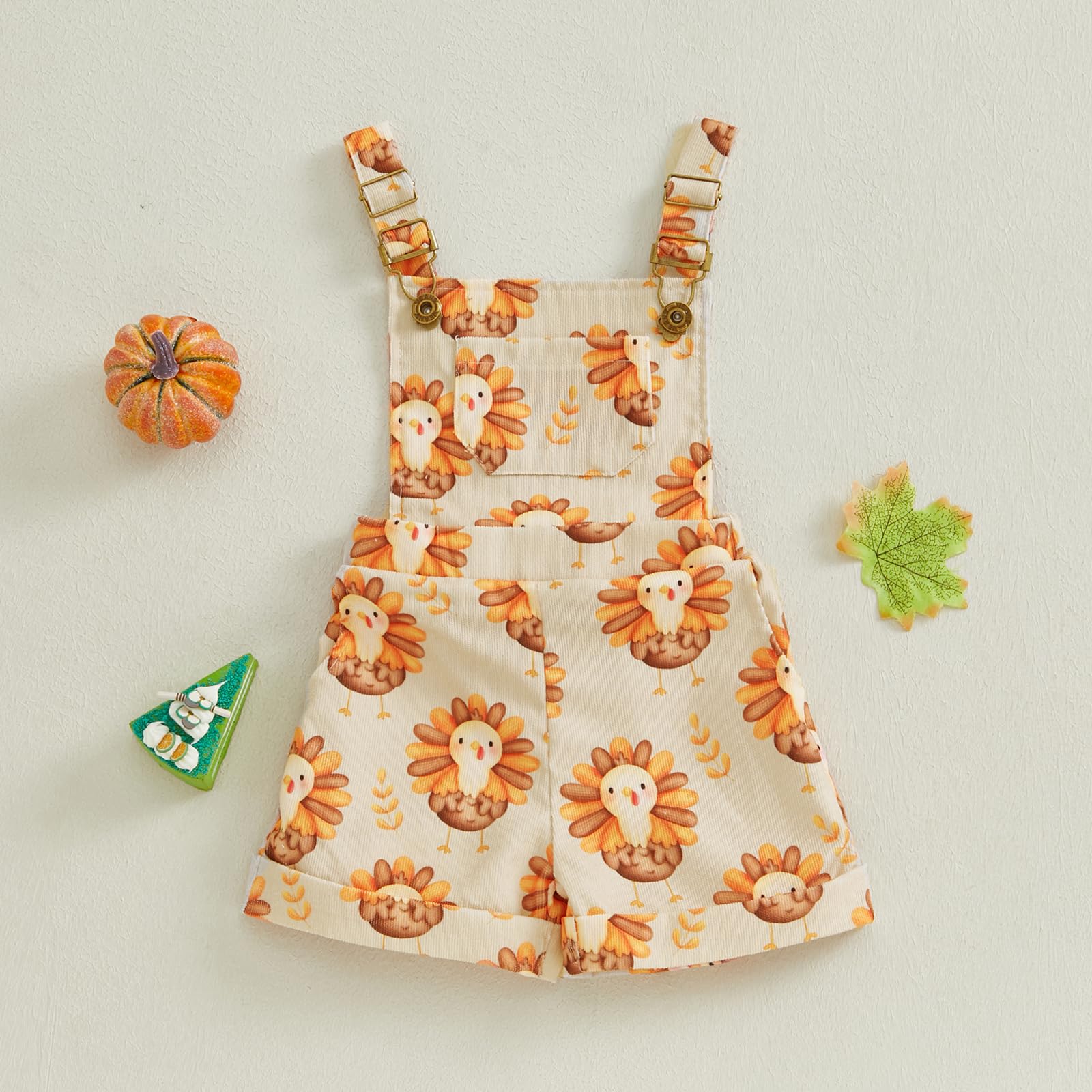 KMBANGI Toddler Baby Girl Thanksgiving Overalls Turkey Embroidery Corduroy Suspender Shorts One Piece Jumpsuit Fall Outfit (Apricot, 18-24 Months)
