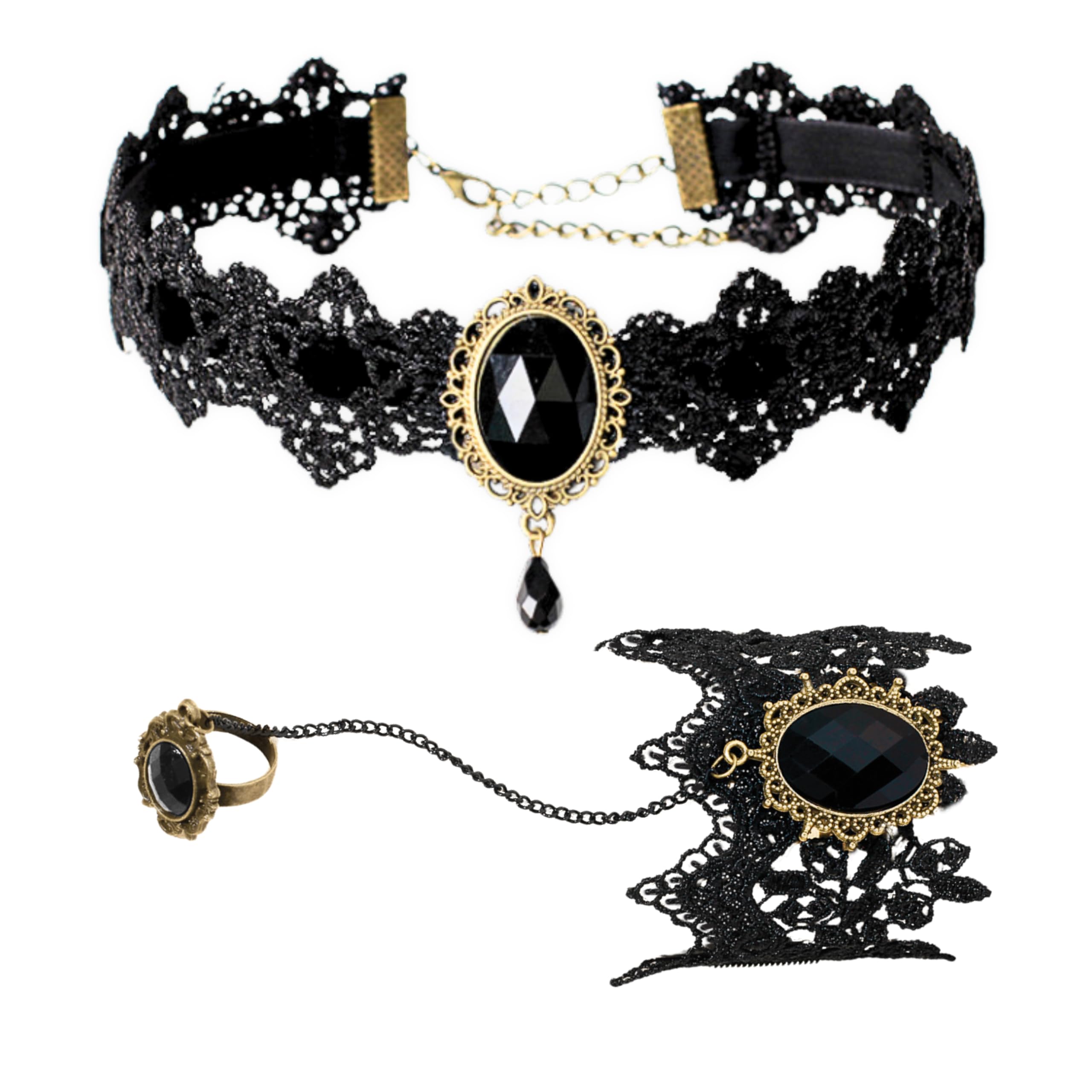 KEYRIGothic Lace Necklace, Ring and Bracelet Set - Vampire Choker, Black Choker Kit - Exquisite Elegant Accessory for Women and Girls