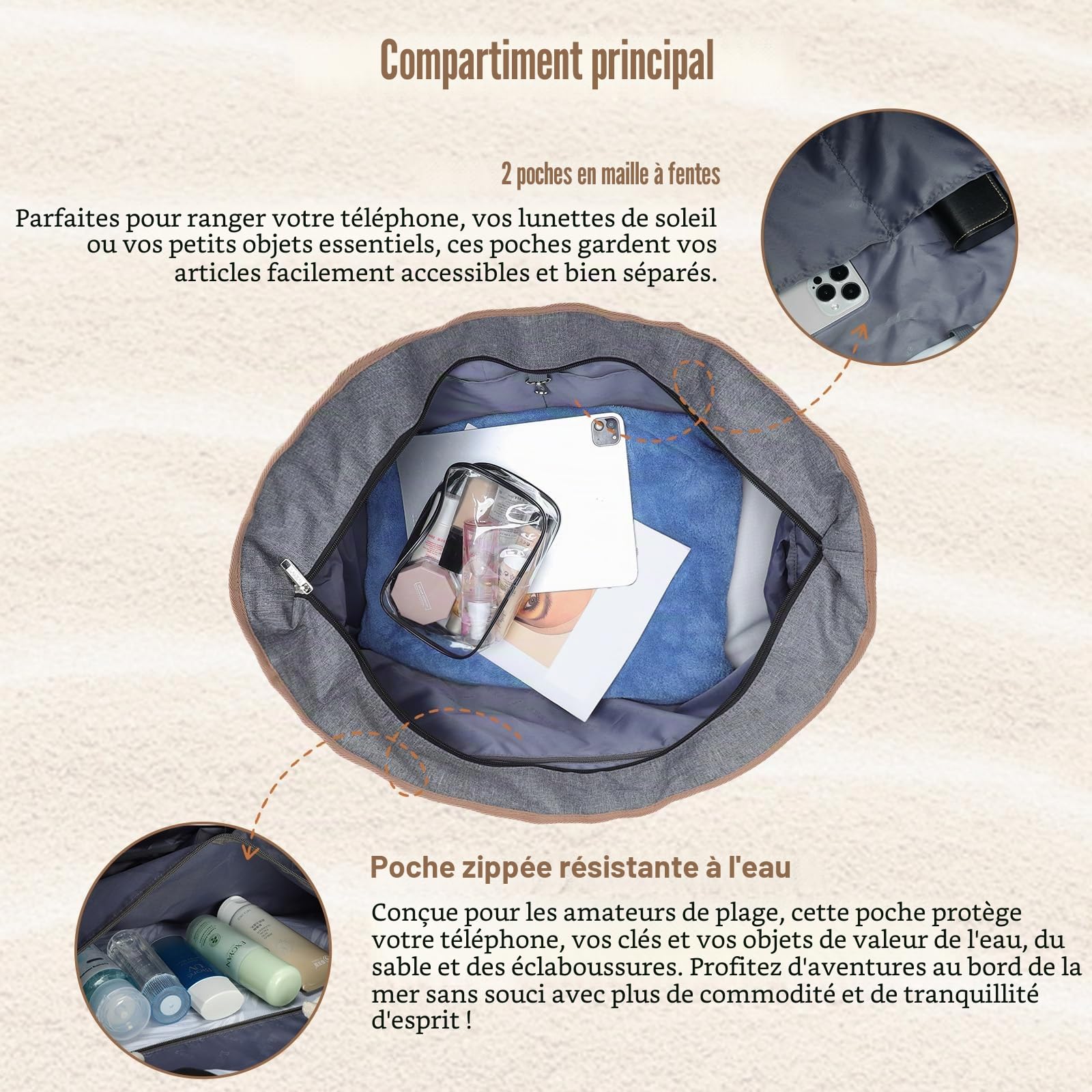 XXL Grand Sac de Plage Femme avec Compartiment Chaussures Séparé, 35 Litres - Cabas Plage Pliable Imperméable, Idéal pour la Plage, les Voyages et un Usage Quotidien - Gris