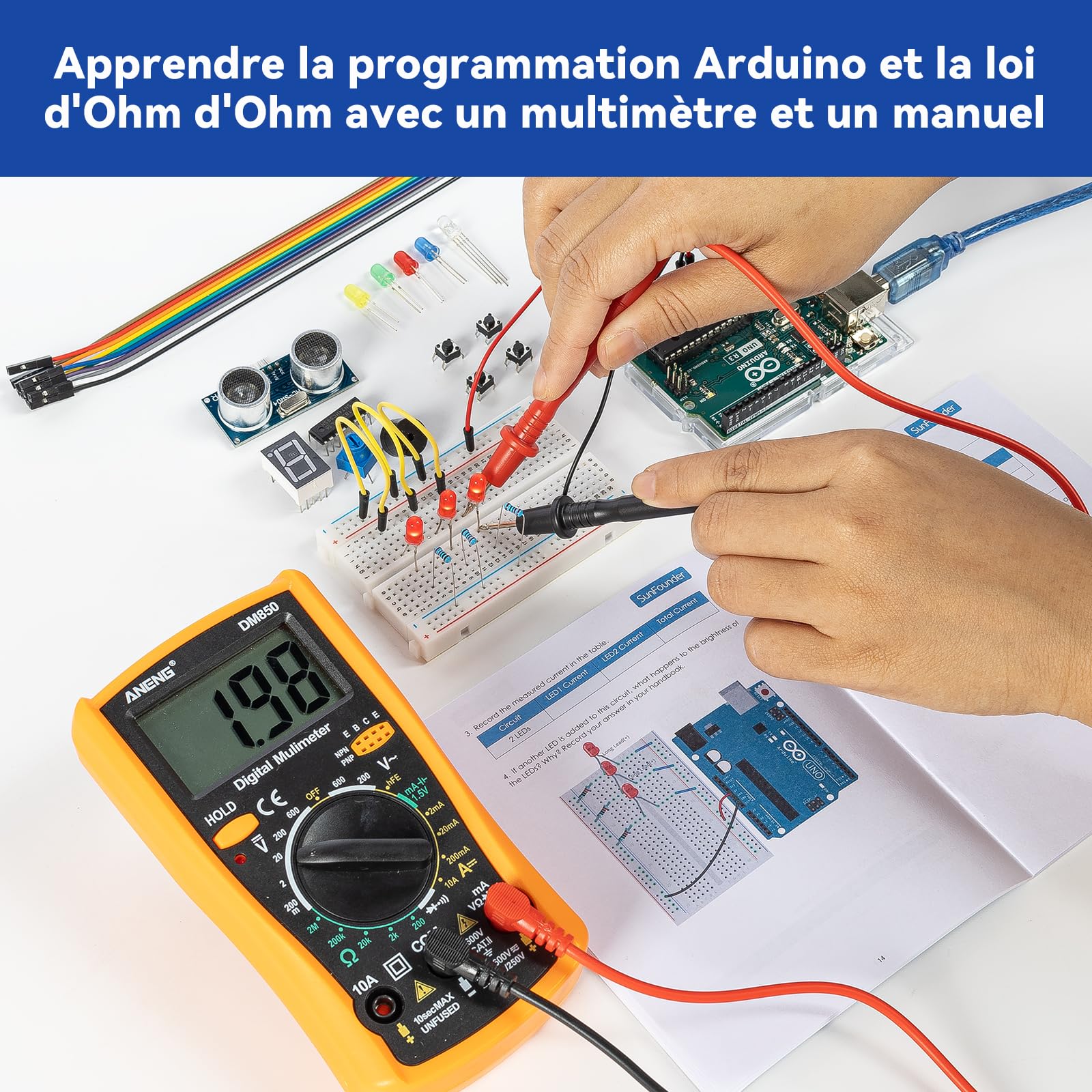 SunFounder Kit de démarrage Beginner's Lab avec carte Arduino Uno R3 REV3 originale, multimètre, 34 projets, carte d'essai, batterie HCSR-04, conforme RoHS, pour débutants et ingénieurs