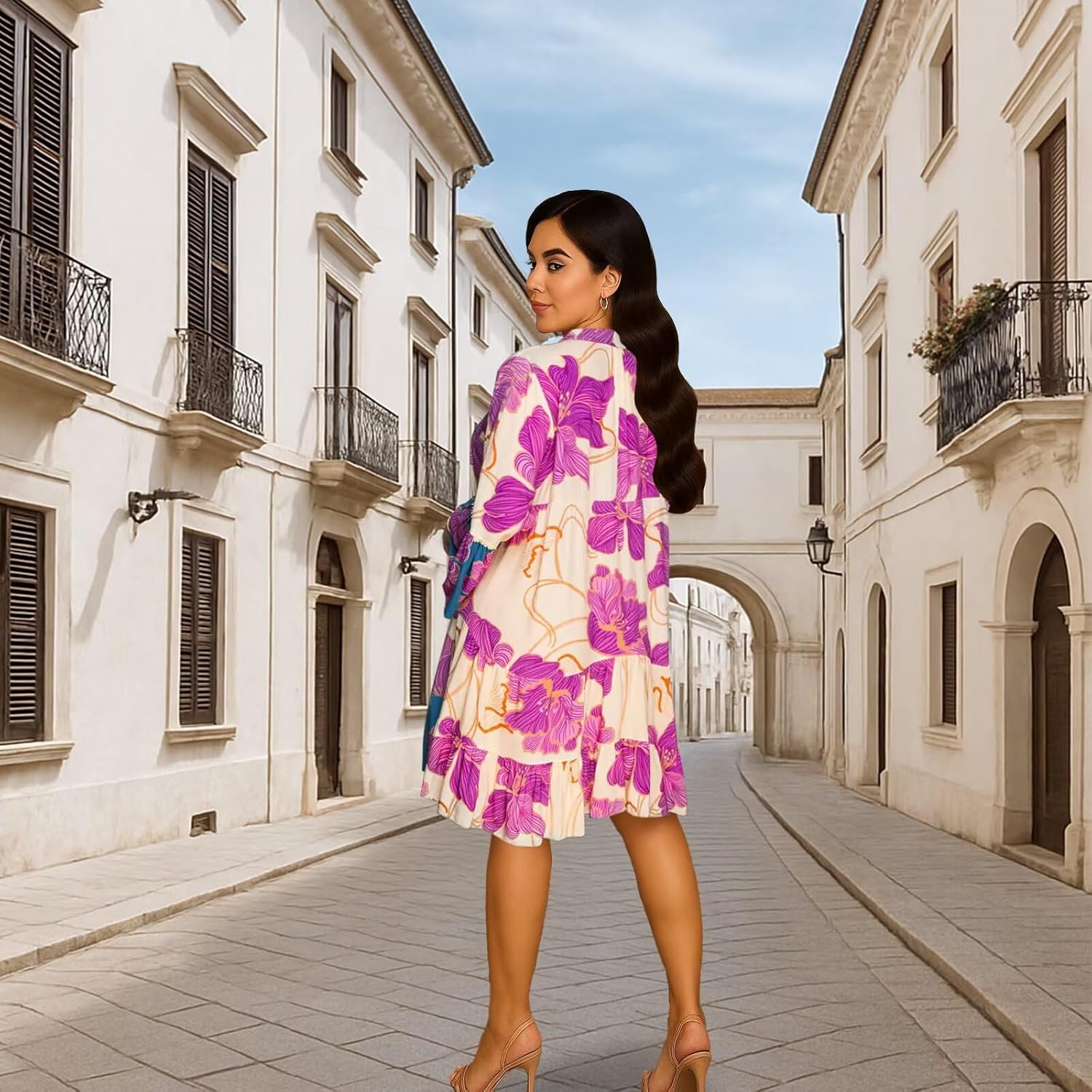 Button Down Shirt Dresses for Women 2025 - Womens Sundress Ladies Tops and Blouses Dressy Summer Long Bell Sleeve Floral Print Shirts Casual Work Business Blouse Casual Shift Mini Dress Purple, M - Image 4