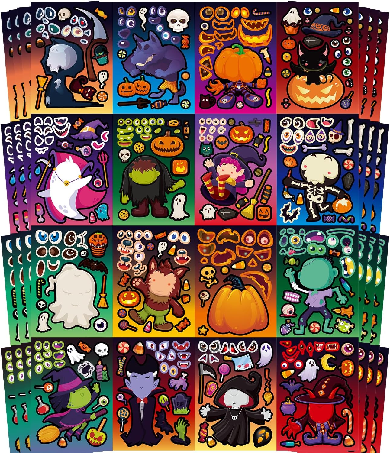 Aowplc 64 Sheets Halloween Party Games Stickers for Kids Make Your Own Stickers with 16 Different Designs Cute Halloween Party Favors Crafts Supplies