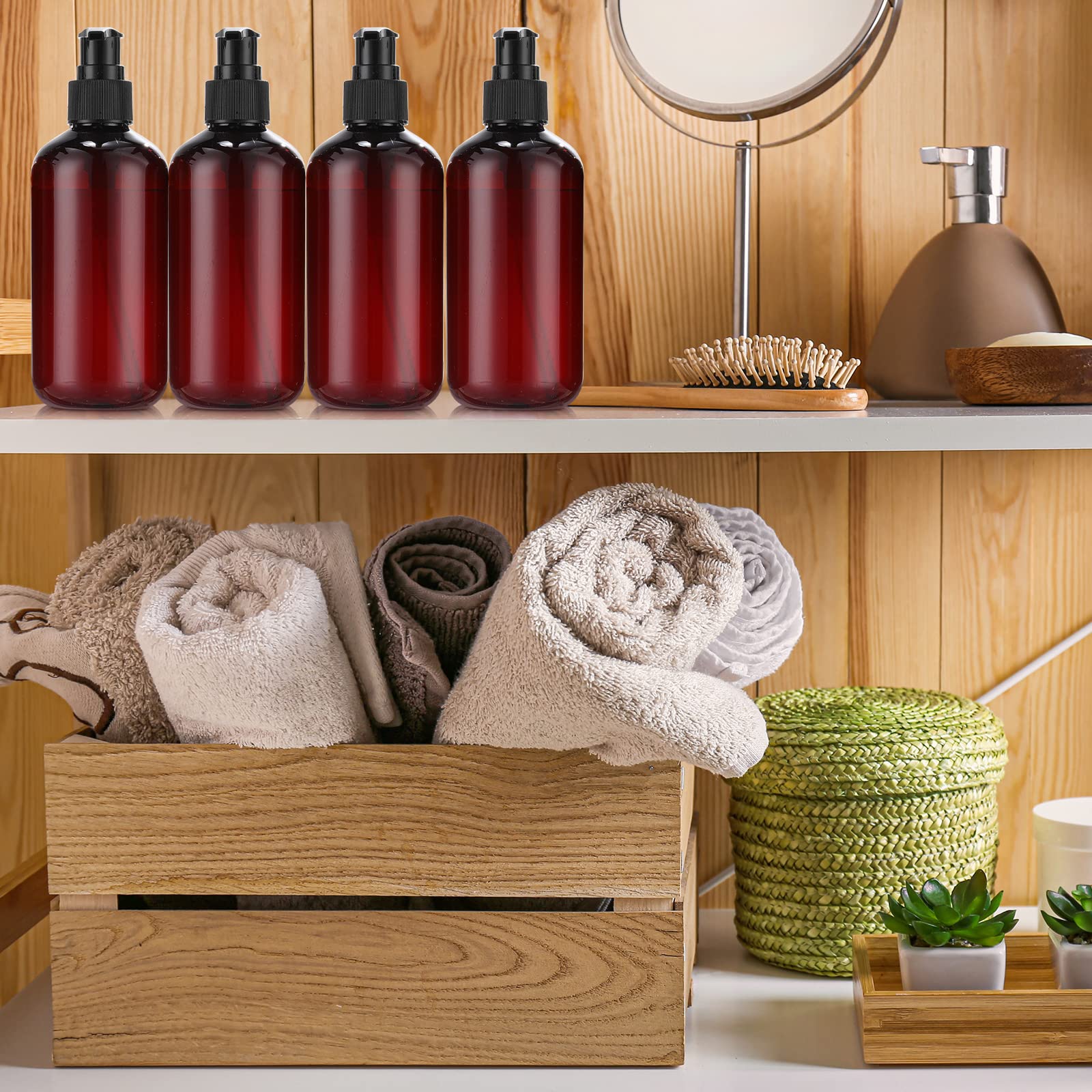 Lot de 48 flacons à Pompe en Plastique Rechargeables de 237 ML pour shampooing et après-shampooing, Savon pour Les Mains, Bouteilles vides Portables avec Pompes pour Gel Douche (Marron, Noir)