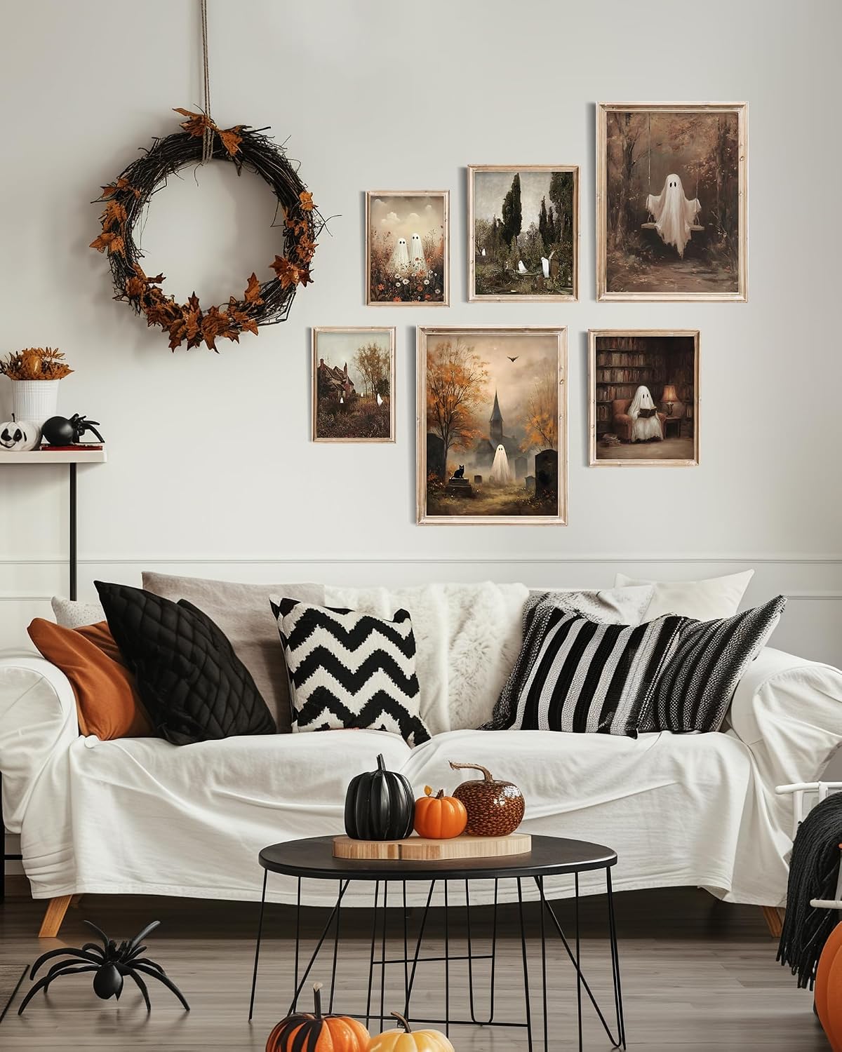 SQGGZH 6Pcs Halloween Ghosts Vintage Wall Art, Autumn Moody Halloween Edition Prints, Retro Cute Ghost Canvas Wall Art, Little ghosts in Fall Landscapes Vintage Gallery Wall, Perfect for Farmhouse, Fall Decor and Country Cottage, Holiday Decor - Unframed