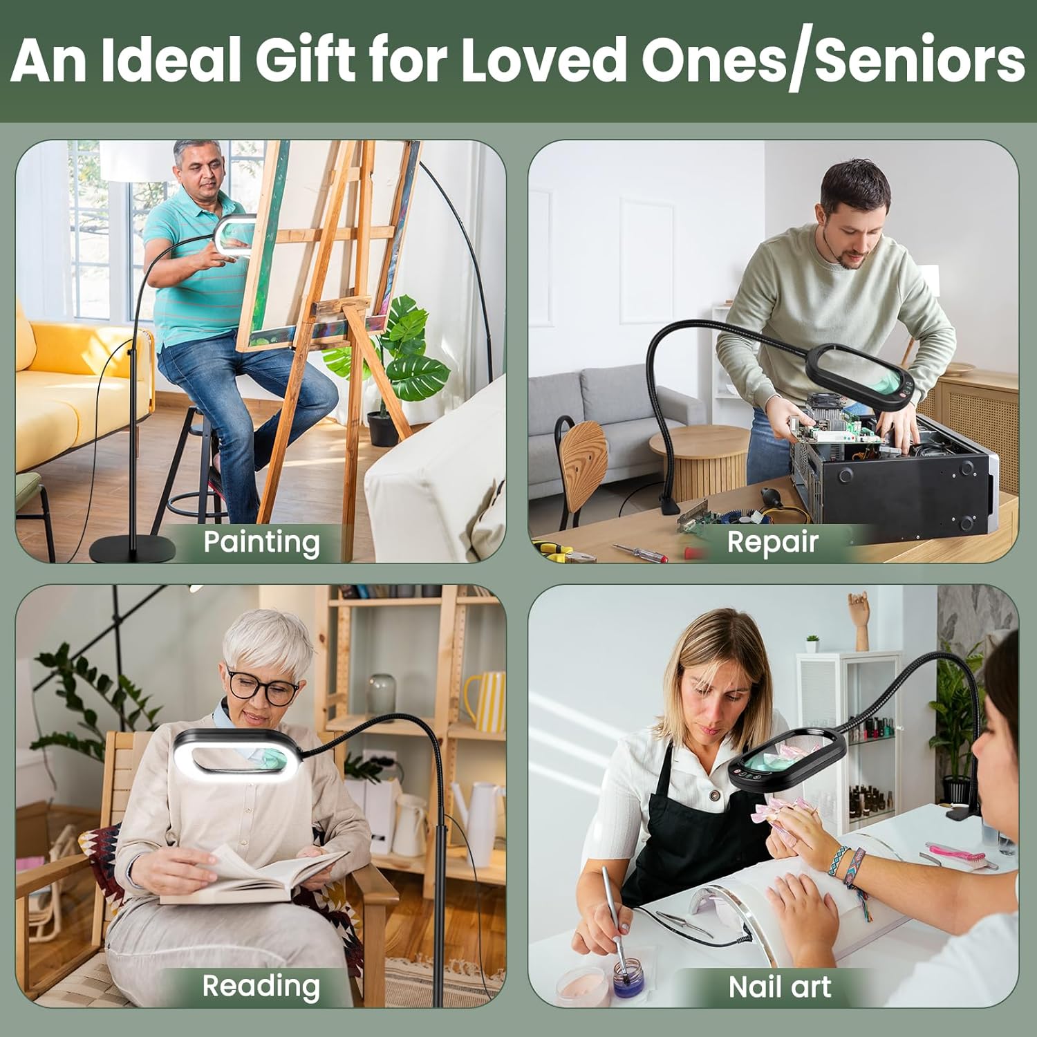 10X Magnifying Glass with Light and Stand, Rectangular Real Glass Lens, 5 Color Modes, Stepless Dimmable, 24" Flexible Gooseneck 3-in-1 Floor Lamp, Lighted Magnifier Hands Free for Craft Hobby Reading - Image 7