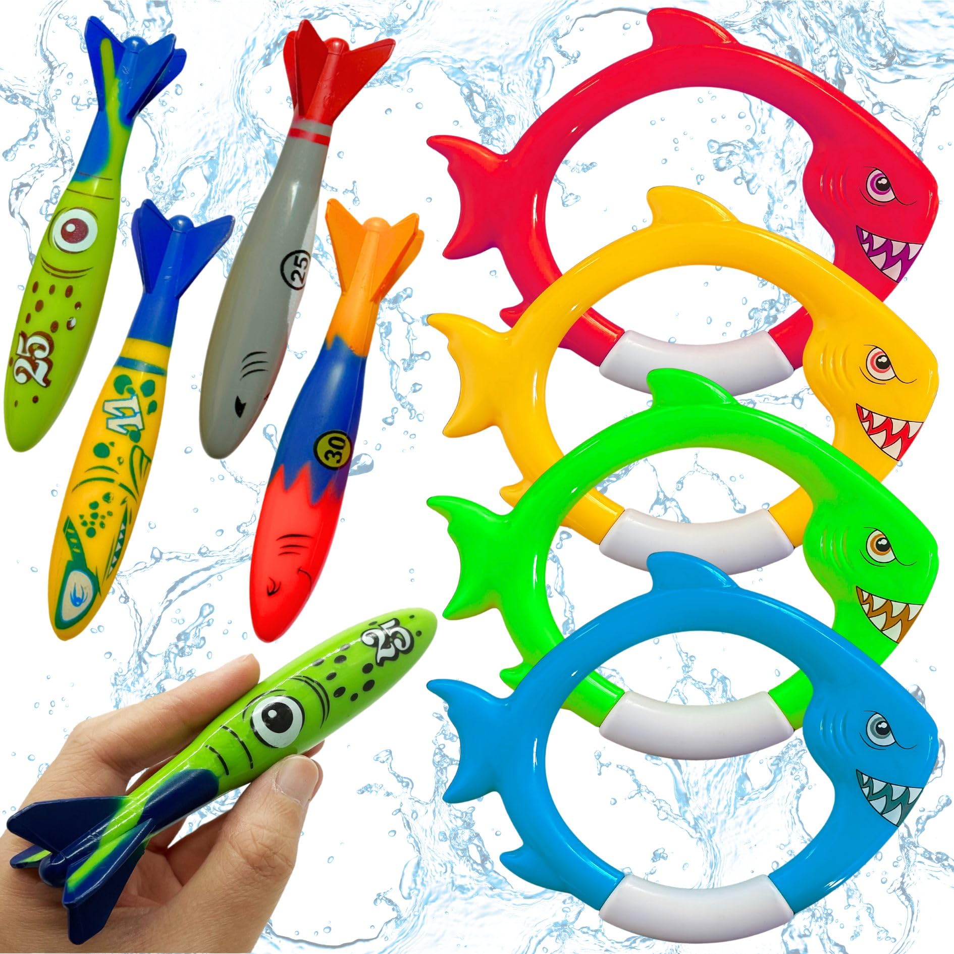 Haktoys - Anelli da immersione a forma di squalo e giocattoli per immersioni in piscina, 8 pezzi di torpedi e anelli di pesce per bambini e allenamento di nuoto, giochi da piscina per bambini e